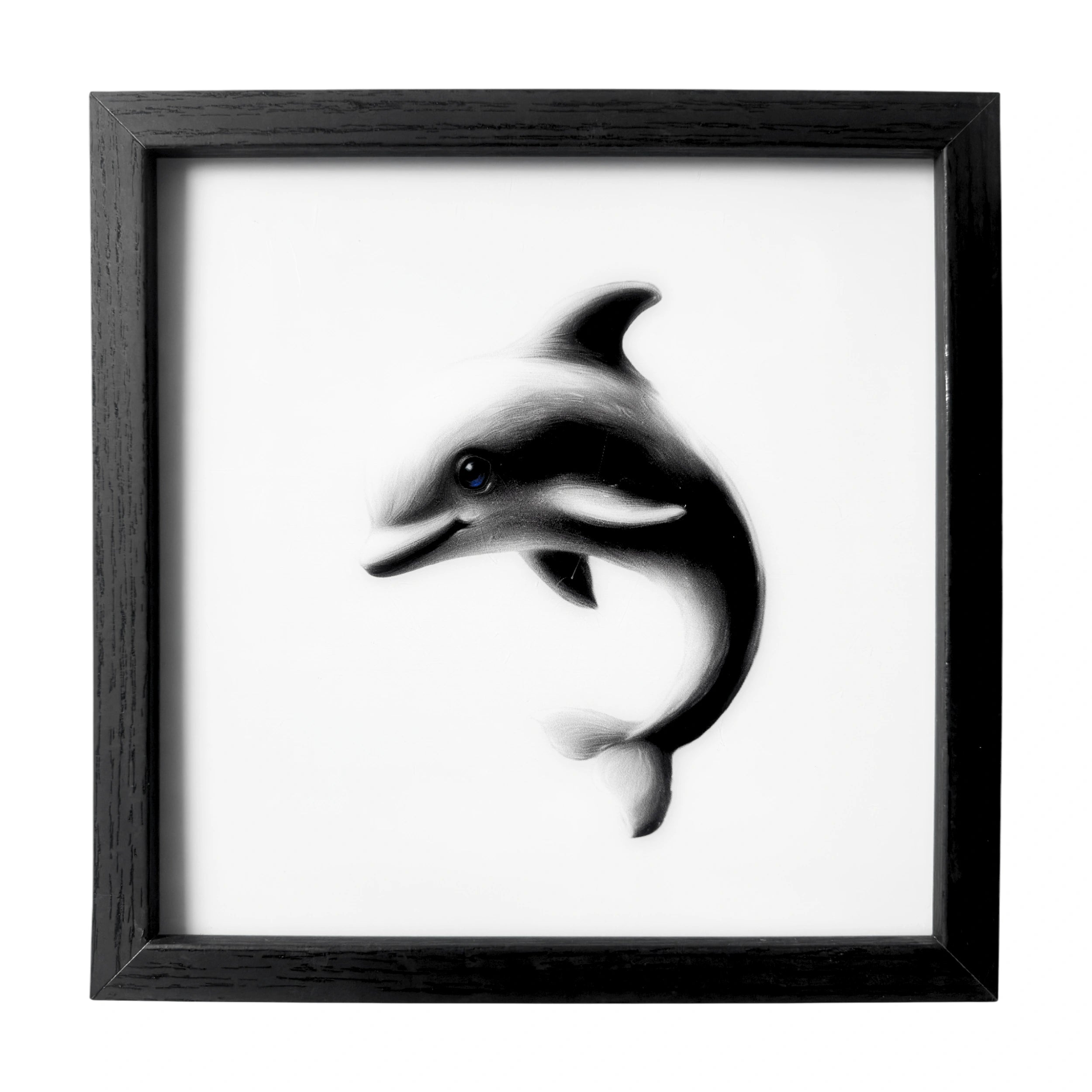 Minimalist baby dolphin wall art with deep blue eyes. A framed gentle nursery companion.