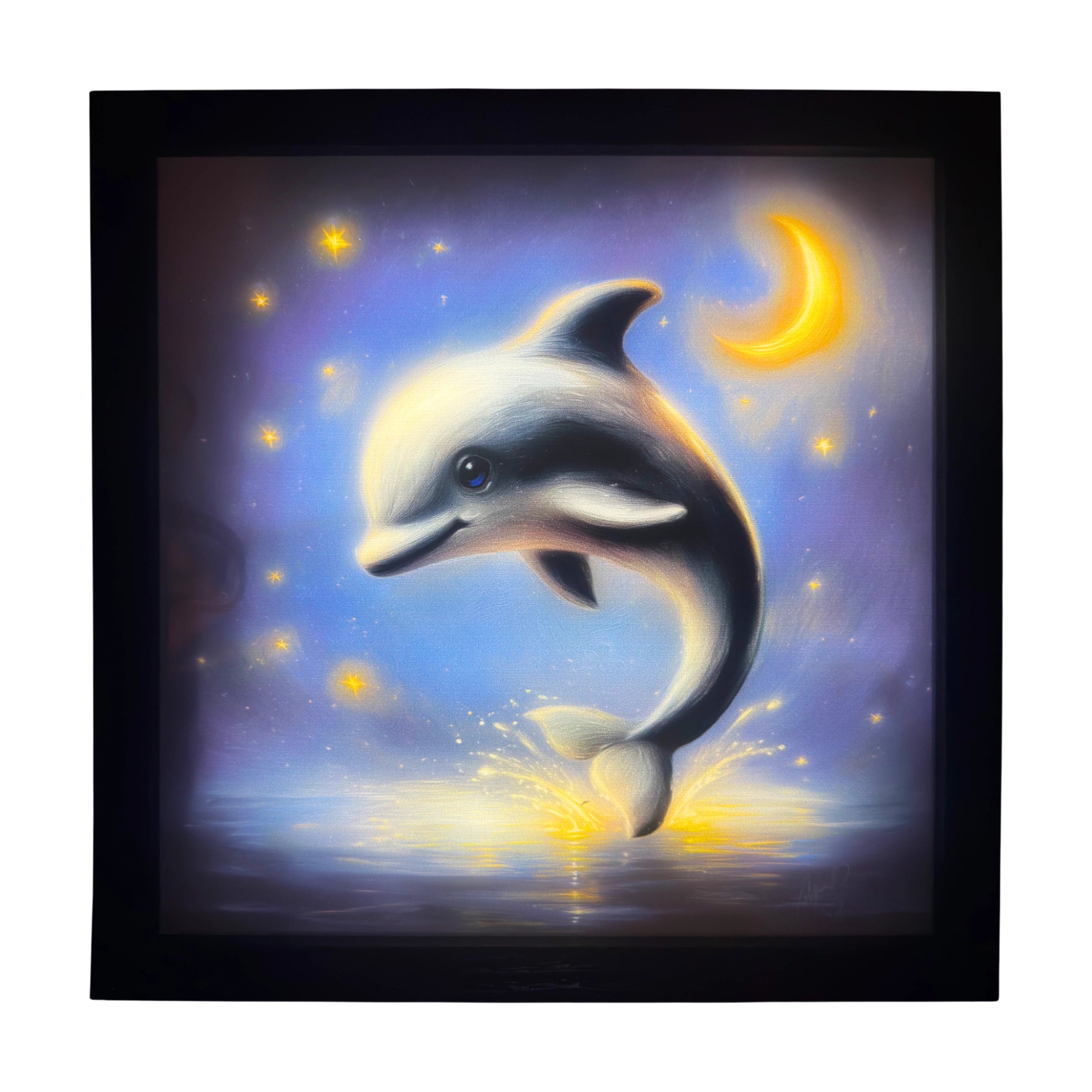 Baby dolphin LED light up wall art glowing beneath the moon, golden ripples and blue eyes shining. A magical glowing companion for nursery enchantment.