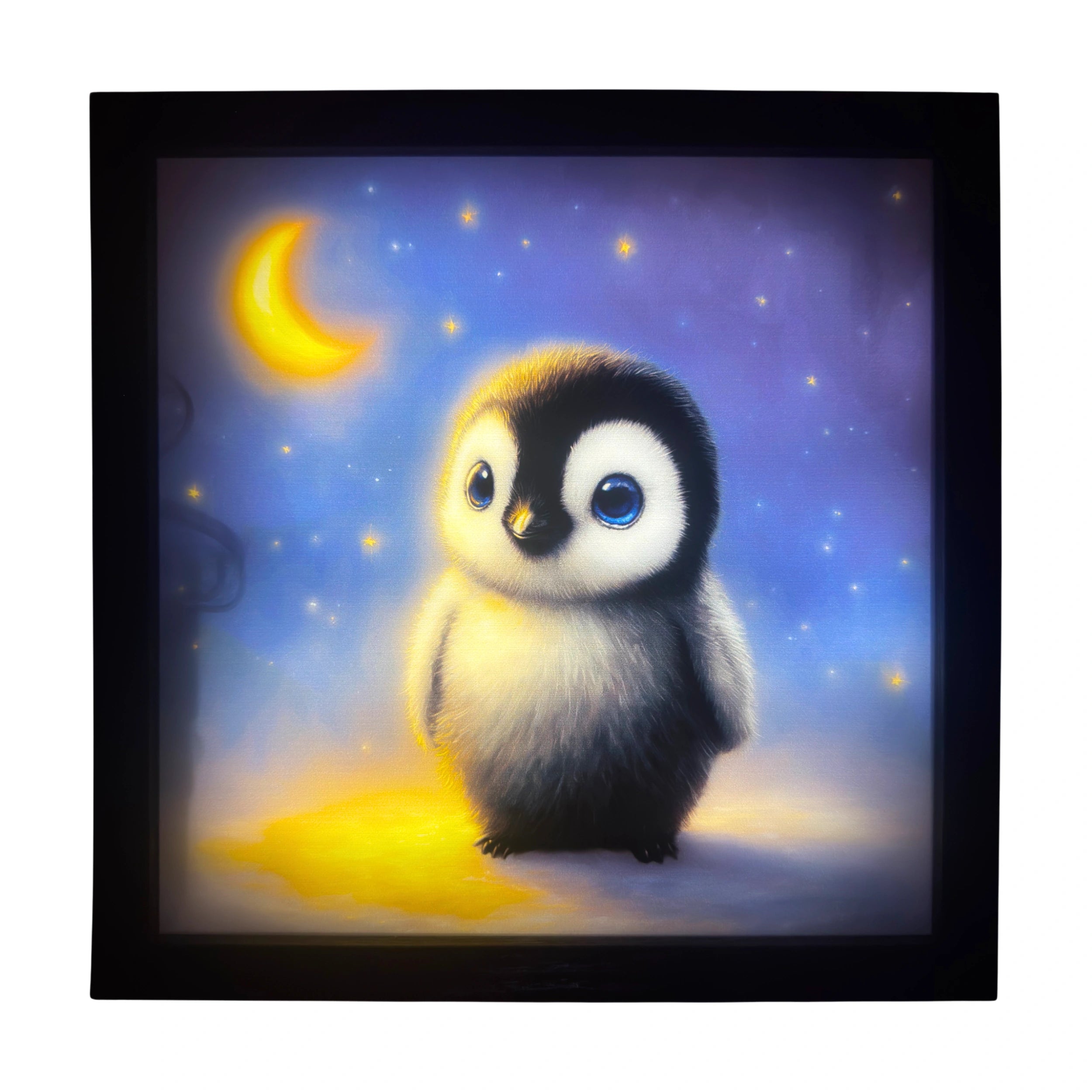 Baby penguin LED light up wall art glowing beneath the moon — blue eyes shining softly. A magical glowing companion for nursery enchantment.