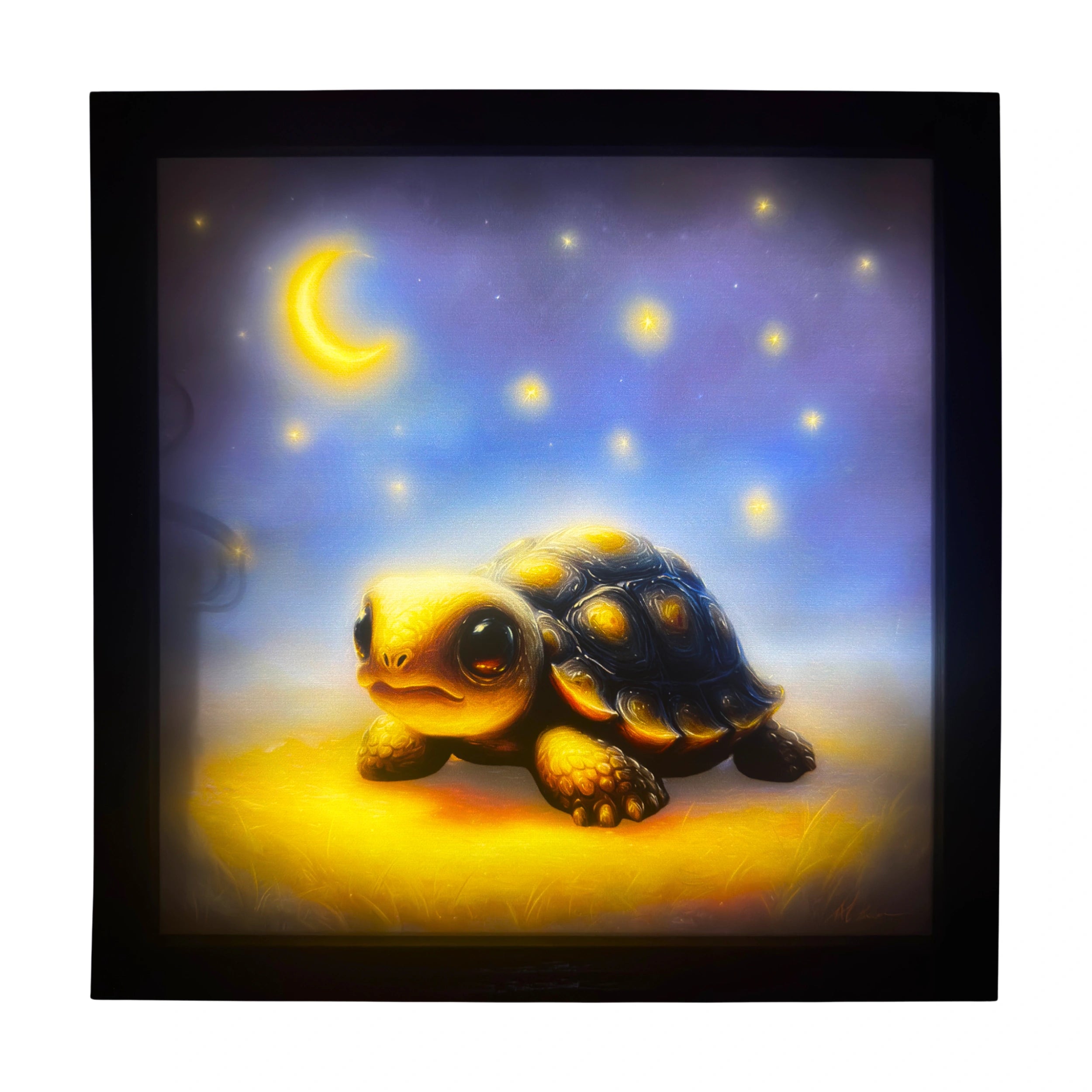 Baby turtle LED light up wall art glowing beneath the moon, golden shell shining softly. A magical glowing companion for nursery enchantment.