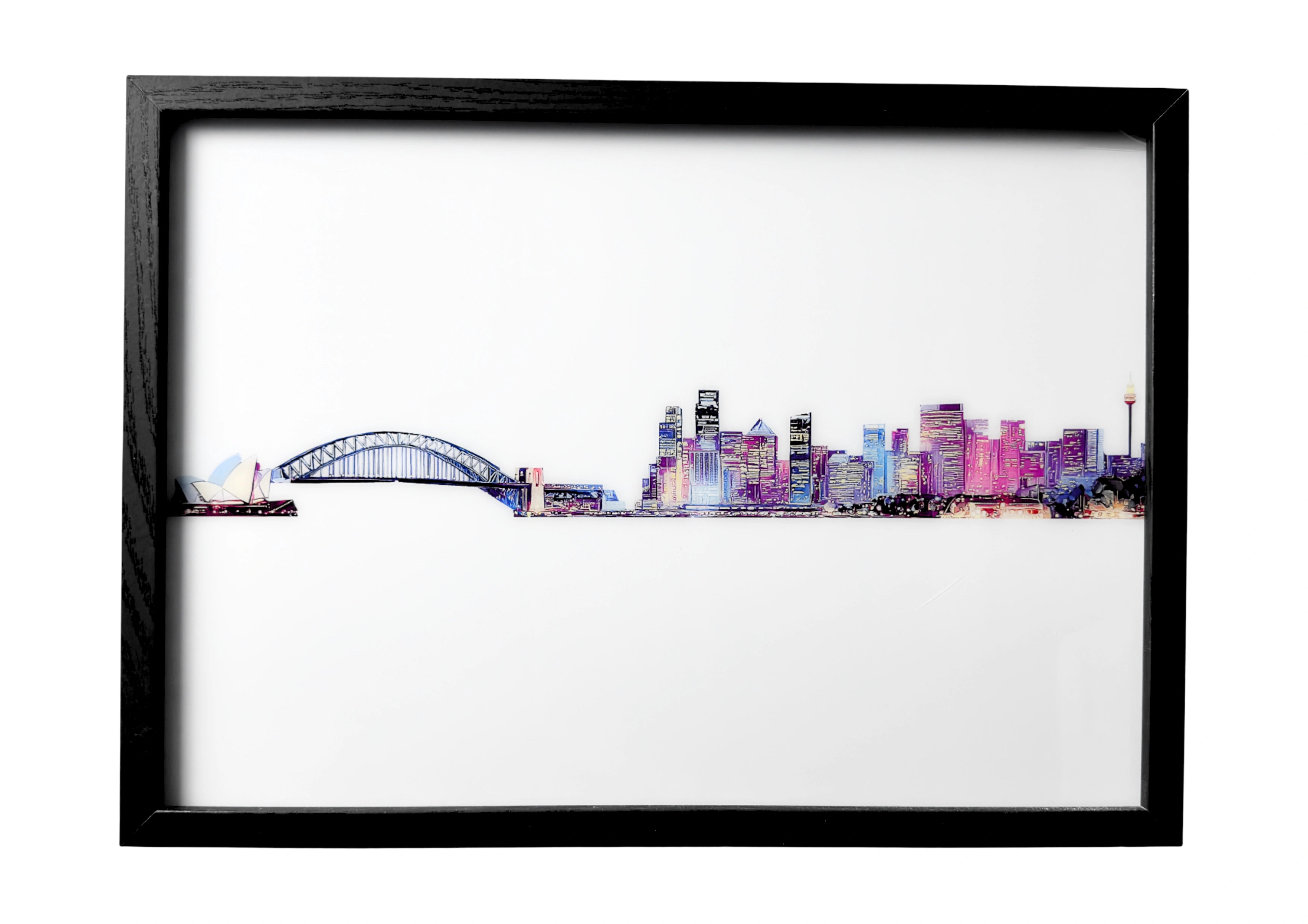 Sydney skyline wall art in calm silhouette, Opera House and Harbour Bridge outlined softly against the dusk horizon with faint harbour reflections.
