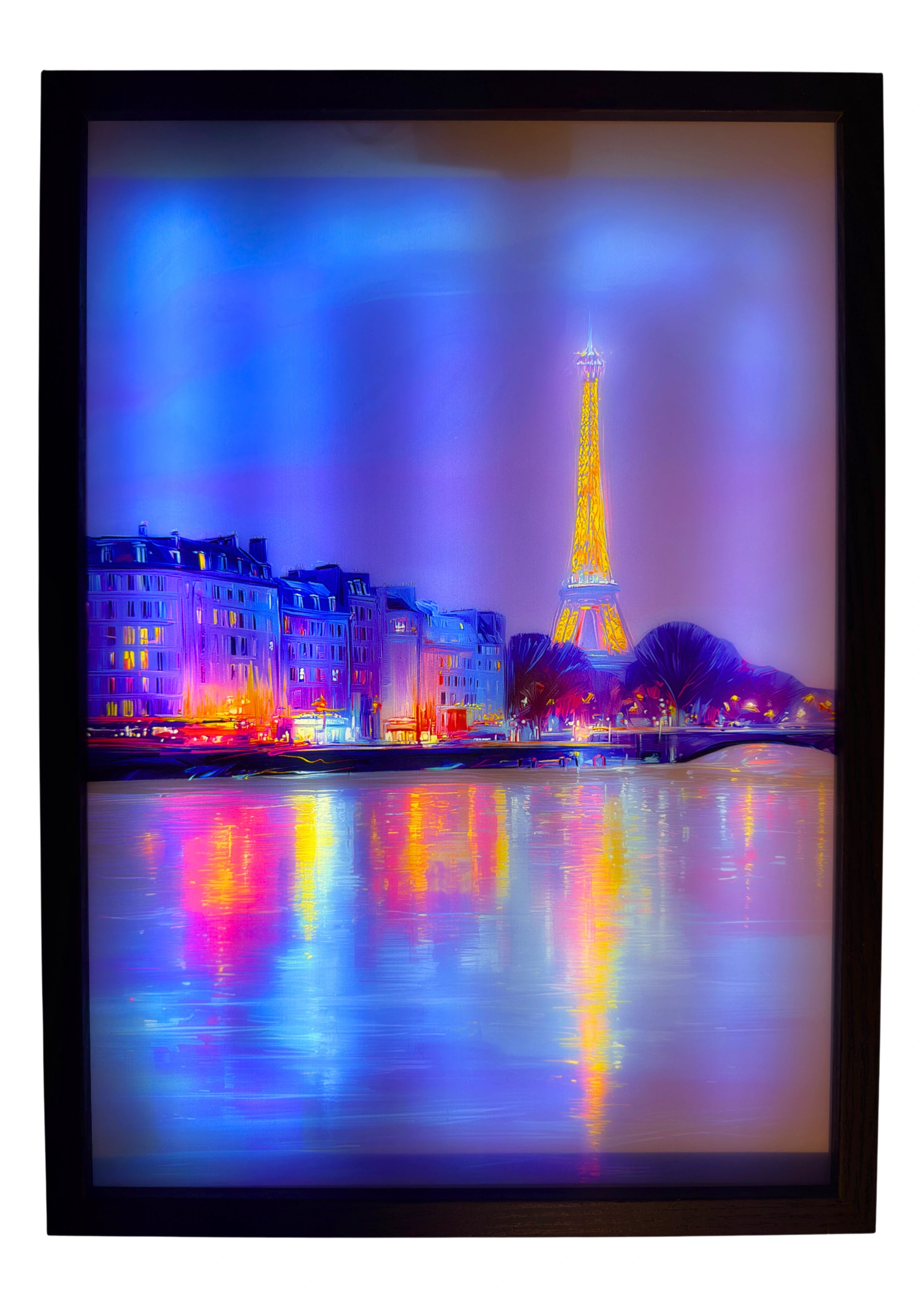 Paris Eiffel Tower LED wall art glowing — illuminated skyline with Seine reflections, vibrant Paris wall art that transforms at night.