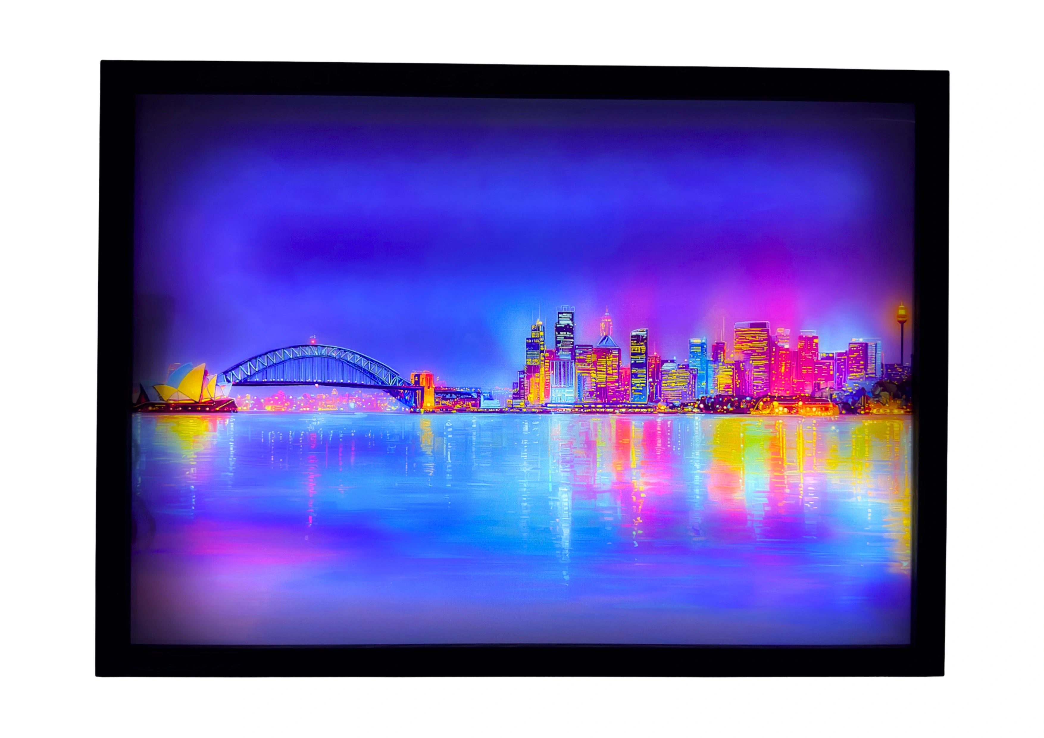 Sydney skyline LED light up wall art at night, Opera House glowing in golden tones with Harbour Bridge illuminated above colourful water reflections.