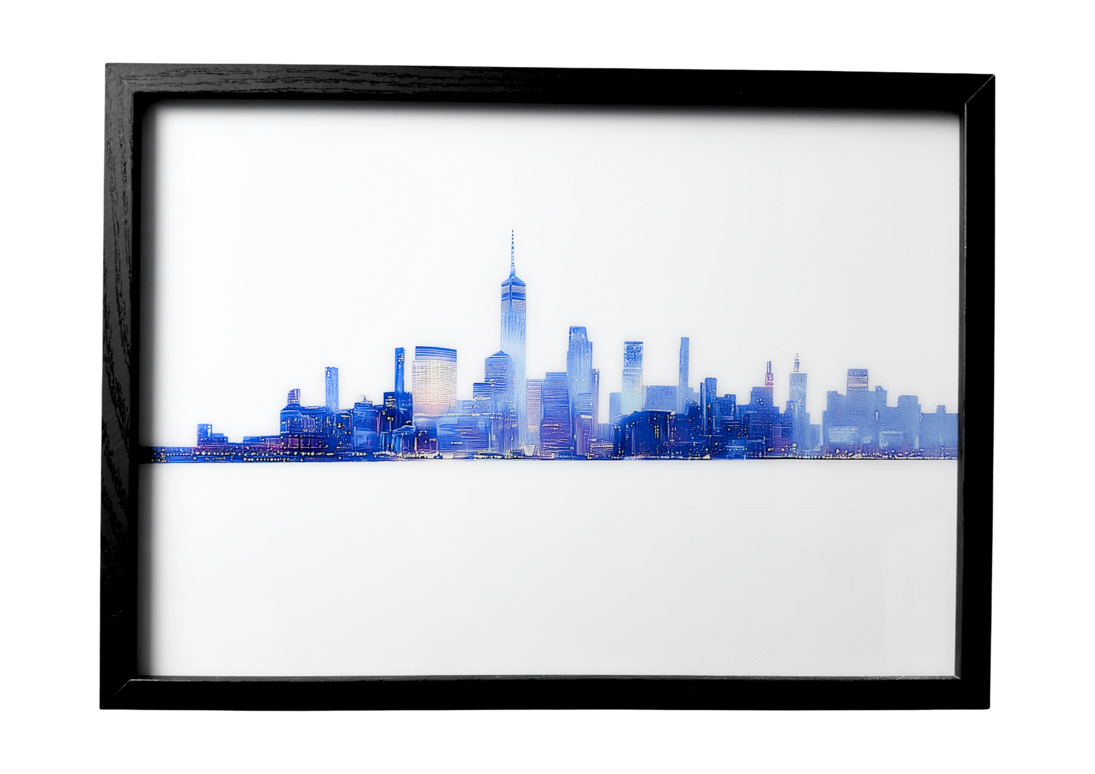 Manhattan skyline wall art in dusk silhouette, Empire State and city towers resting above calm Hudson River reflections.