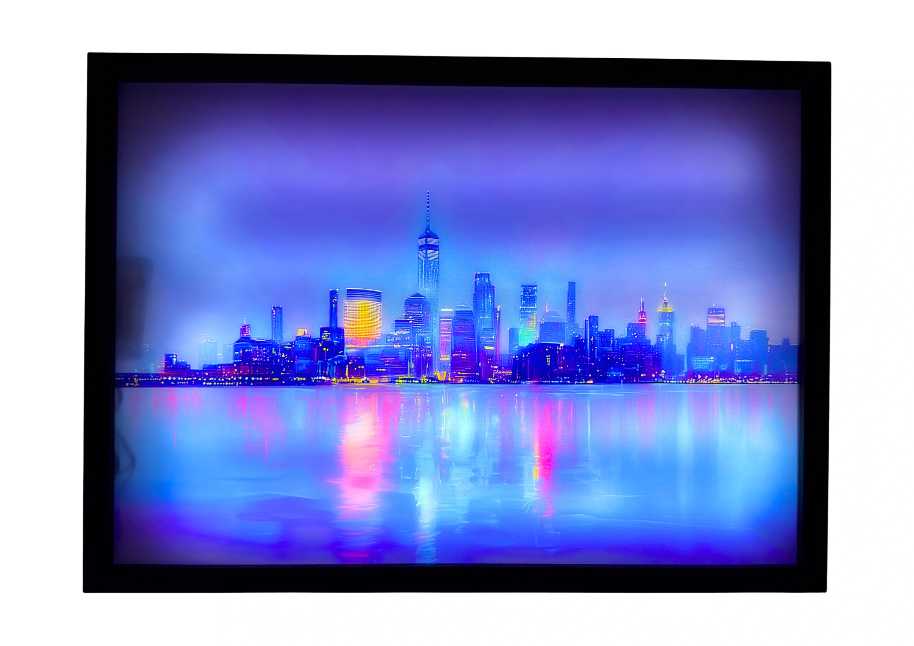 Manhattan LED light up wall art at night, New York skyline glowing with Empire State illuminated above vibrant Hudson River reflections.