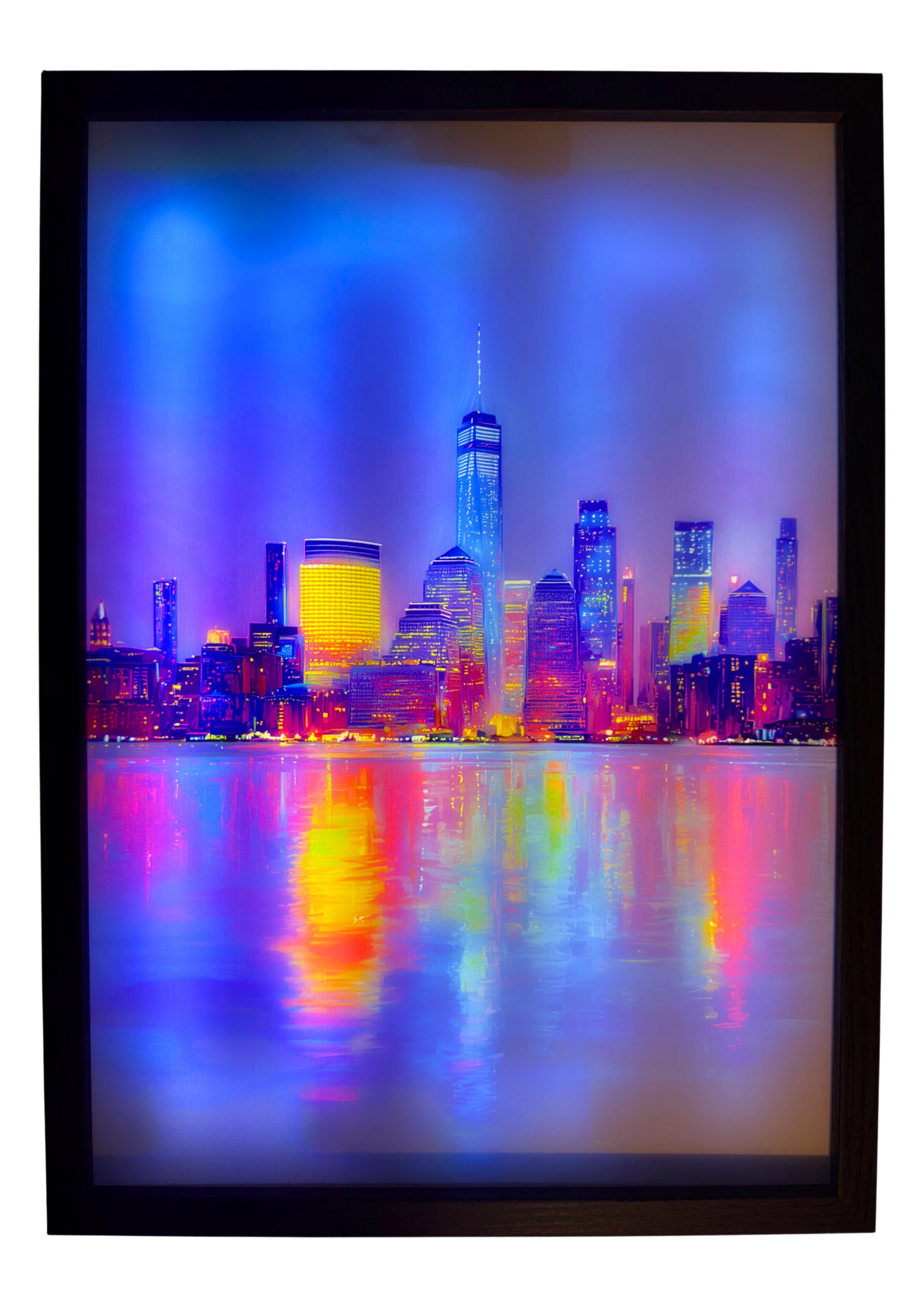 Manhattan LED light up wall art at night, New York skyline glowing with Empire State illuminated above vibrant Hudson River reflections.