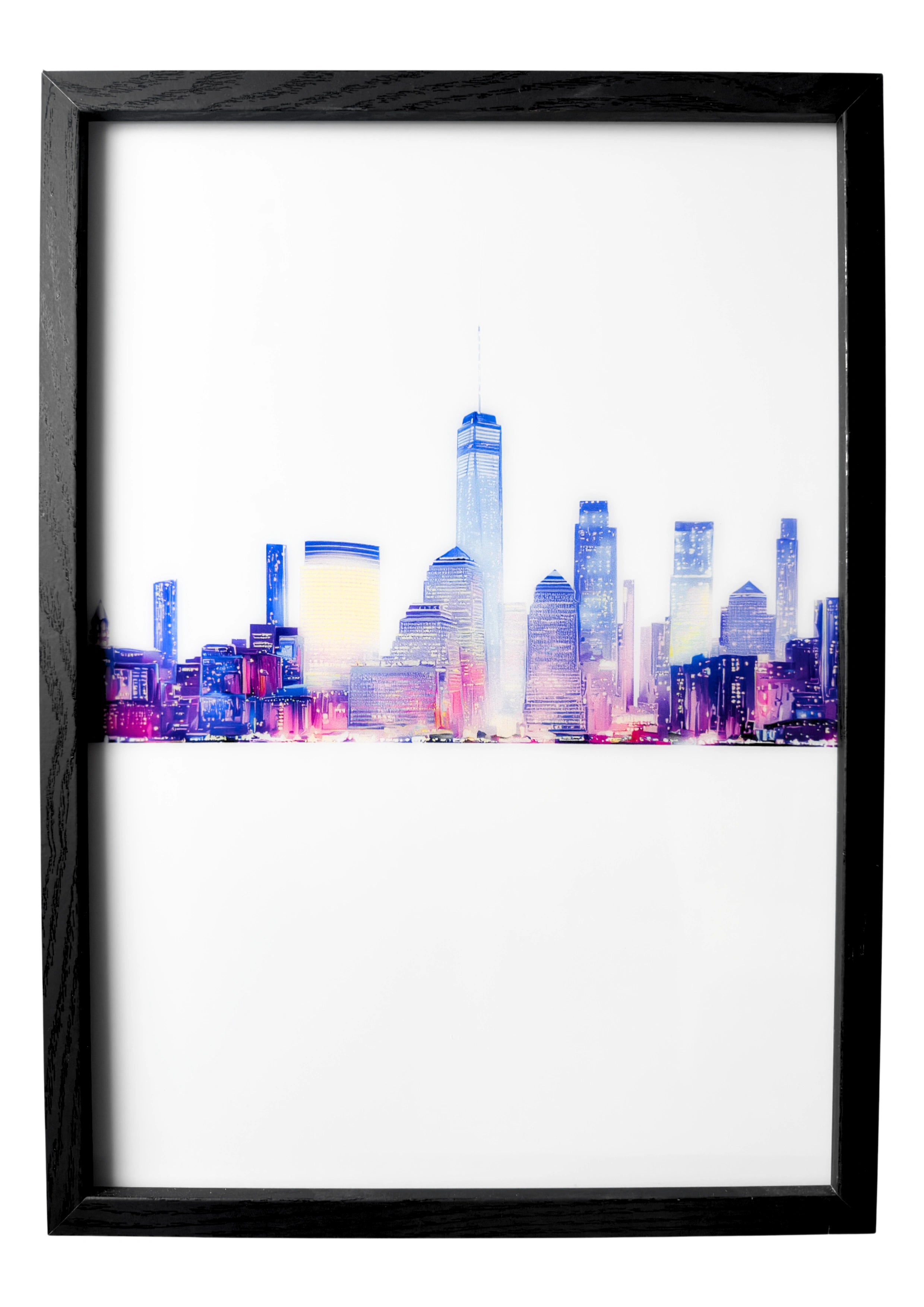 Manhattan skyline wall art in dusk silhouette, Empire State and city towers resting above calm Hudson River reflections.