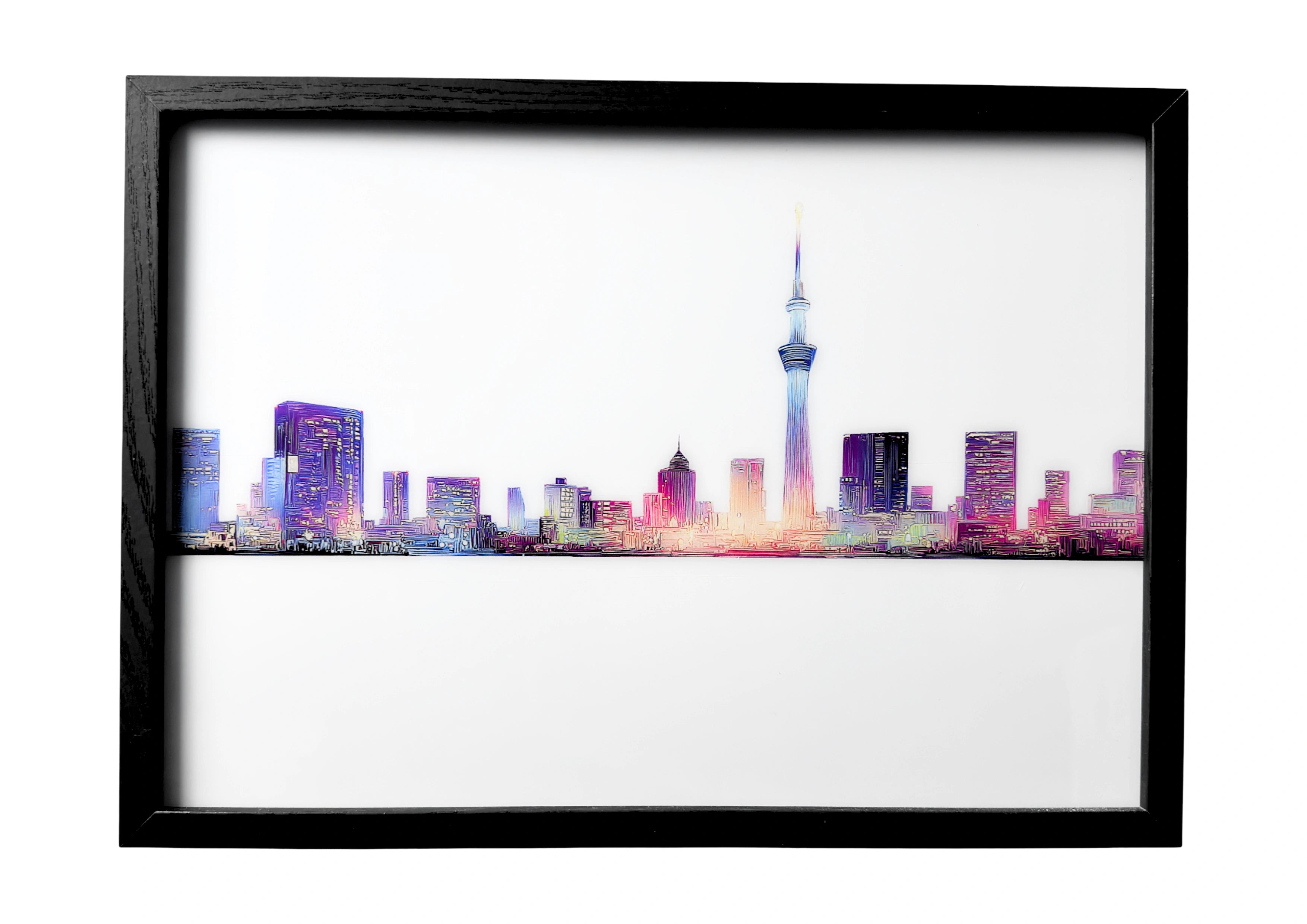 Tokyo skyline LED wall art — Skytree and city buildings in colorful outline above calm harbour.
