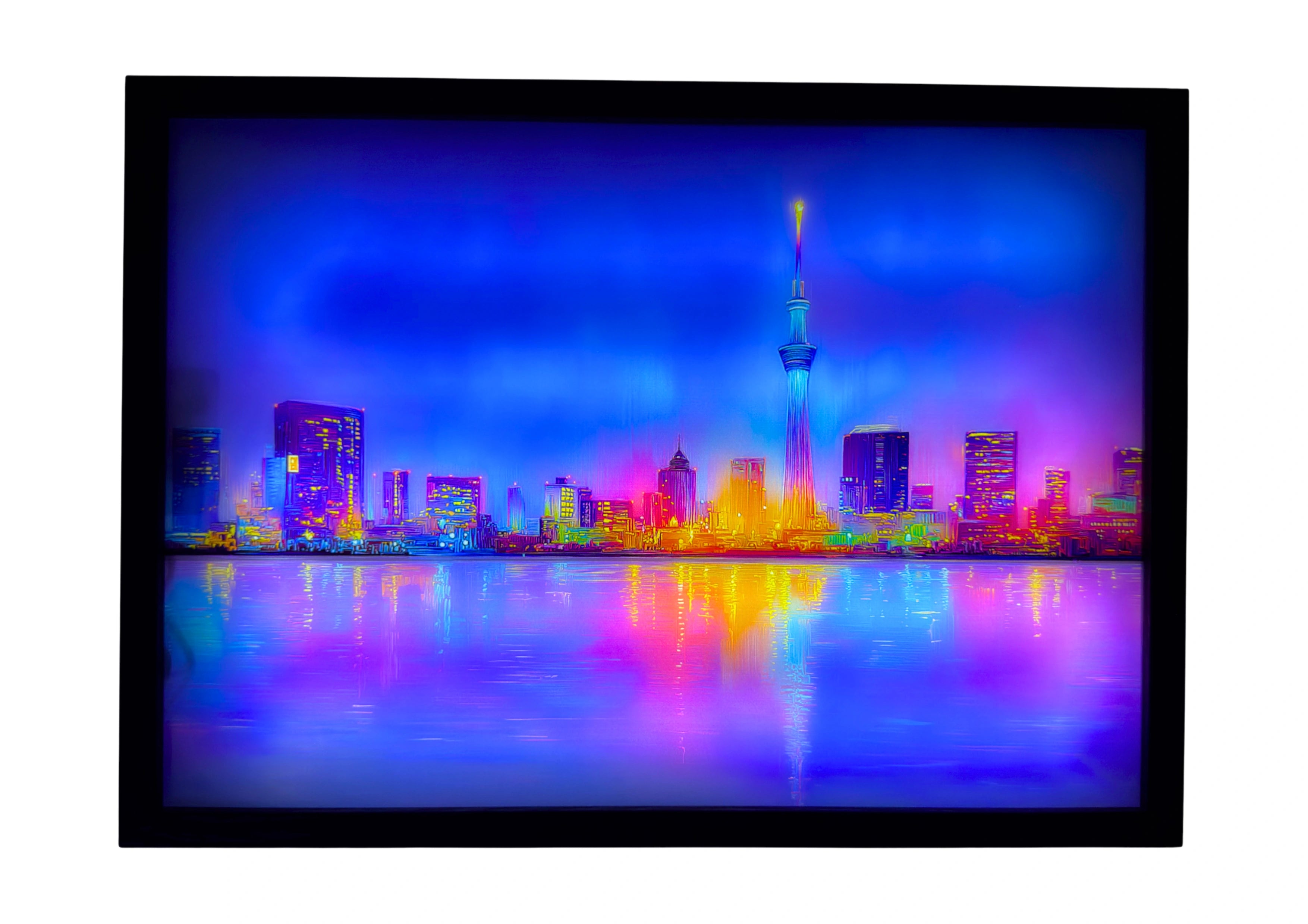 Tokyo Skytree LED wall art glowing — illuminated skyline with city reflections across the water.