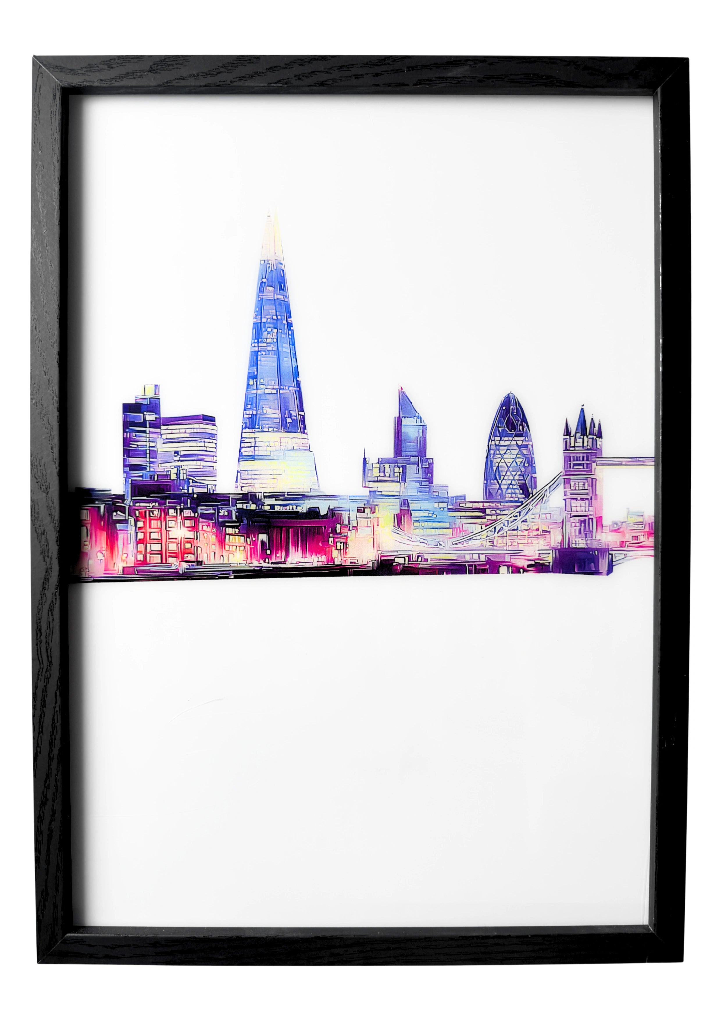 London skyline in calm silhouette, The Shard and Tower Bridge outlined against a dusky horizon, reflected softly in the Thames.