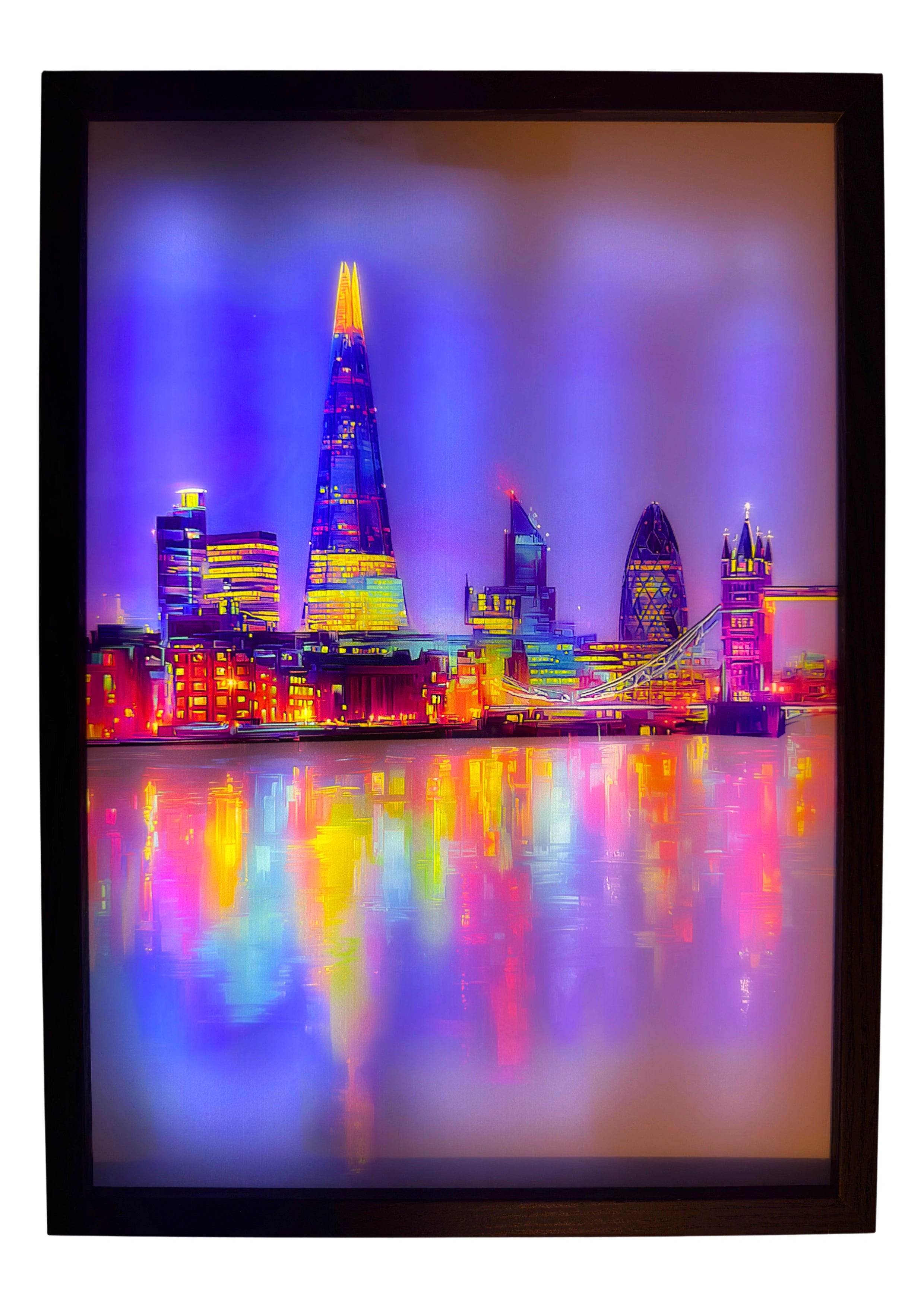 London skyline illuminated at night, The Shard glowing in golden tones above vibrant reflections of neon colour across the Thames.