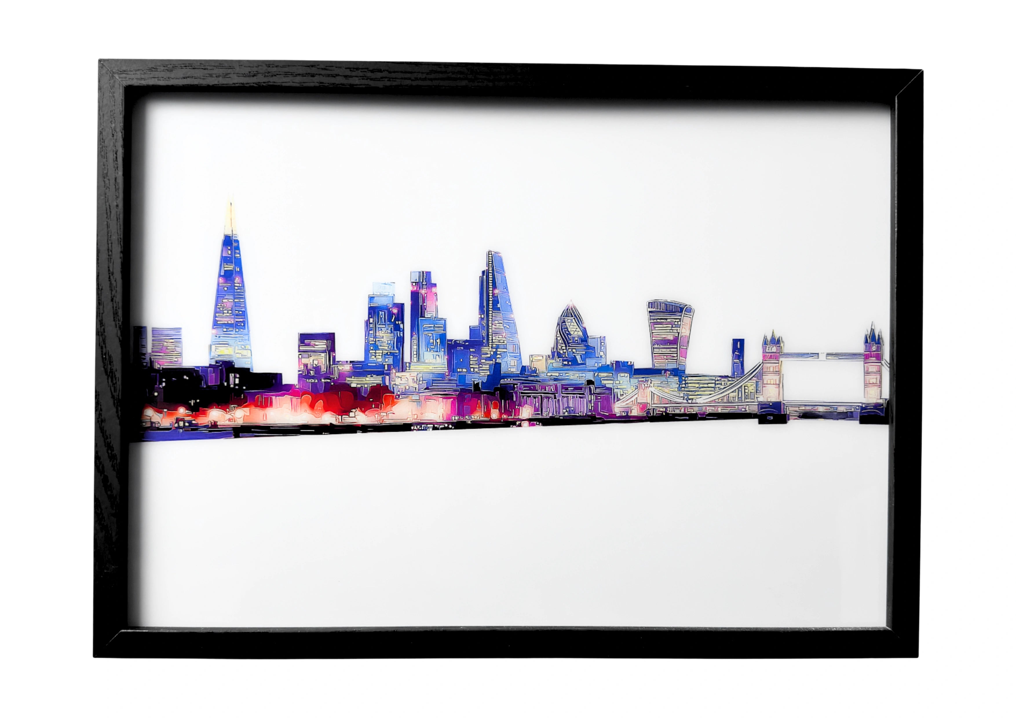 London skyline wall art in calm silhouette, The Shard and Tower Bridge outlined against a dusky horizon, reflected softly in the Thames.