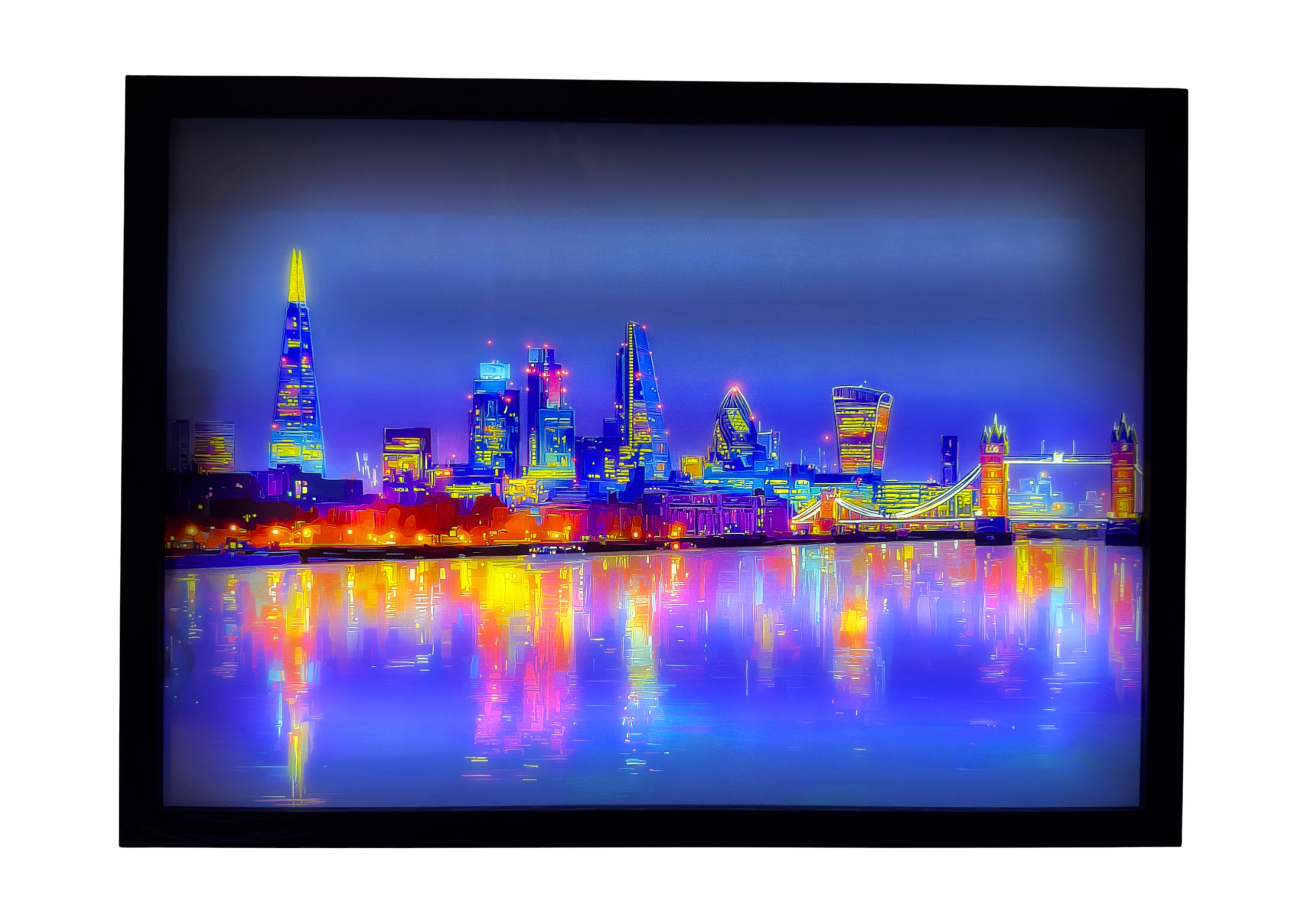 London skyline LED light up wall art at night, The Shard glowing in golden tones above vibrant reflections of colour across the Thames.