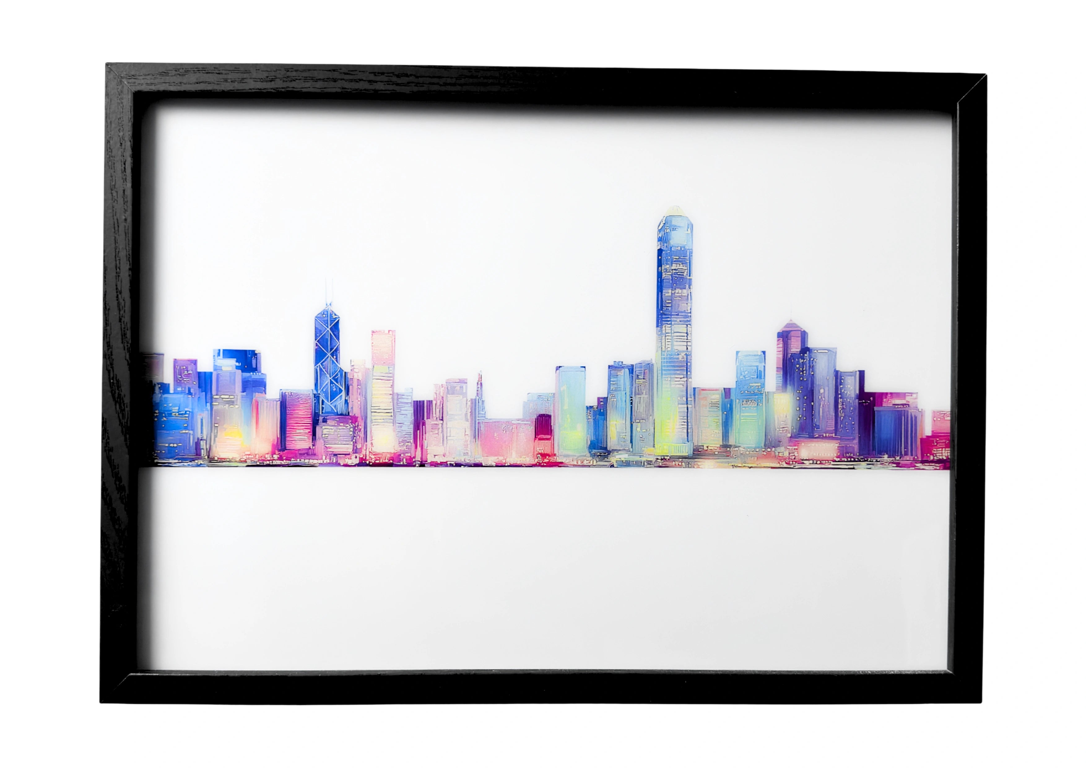 Hong Kong skyline wall art in calm silhouette, Victoria Harbour reflecting the city towers outlined softly against the evening sky.