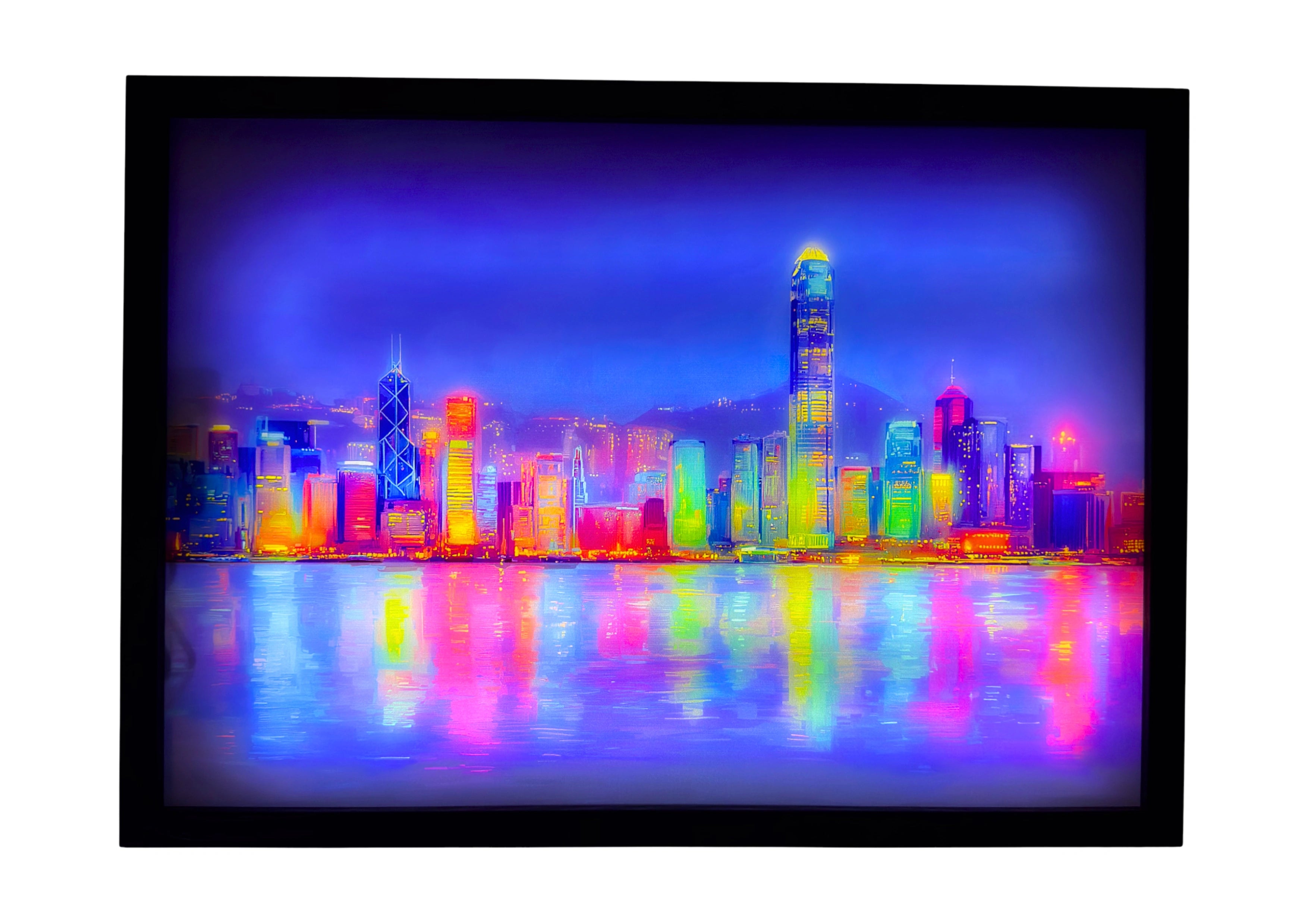 Hong Kong LED light up wall art at night, skyline glowing in neon brilliance with reflections shimmering across Victoria Harbour.
