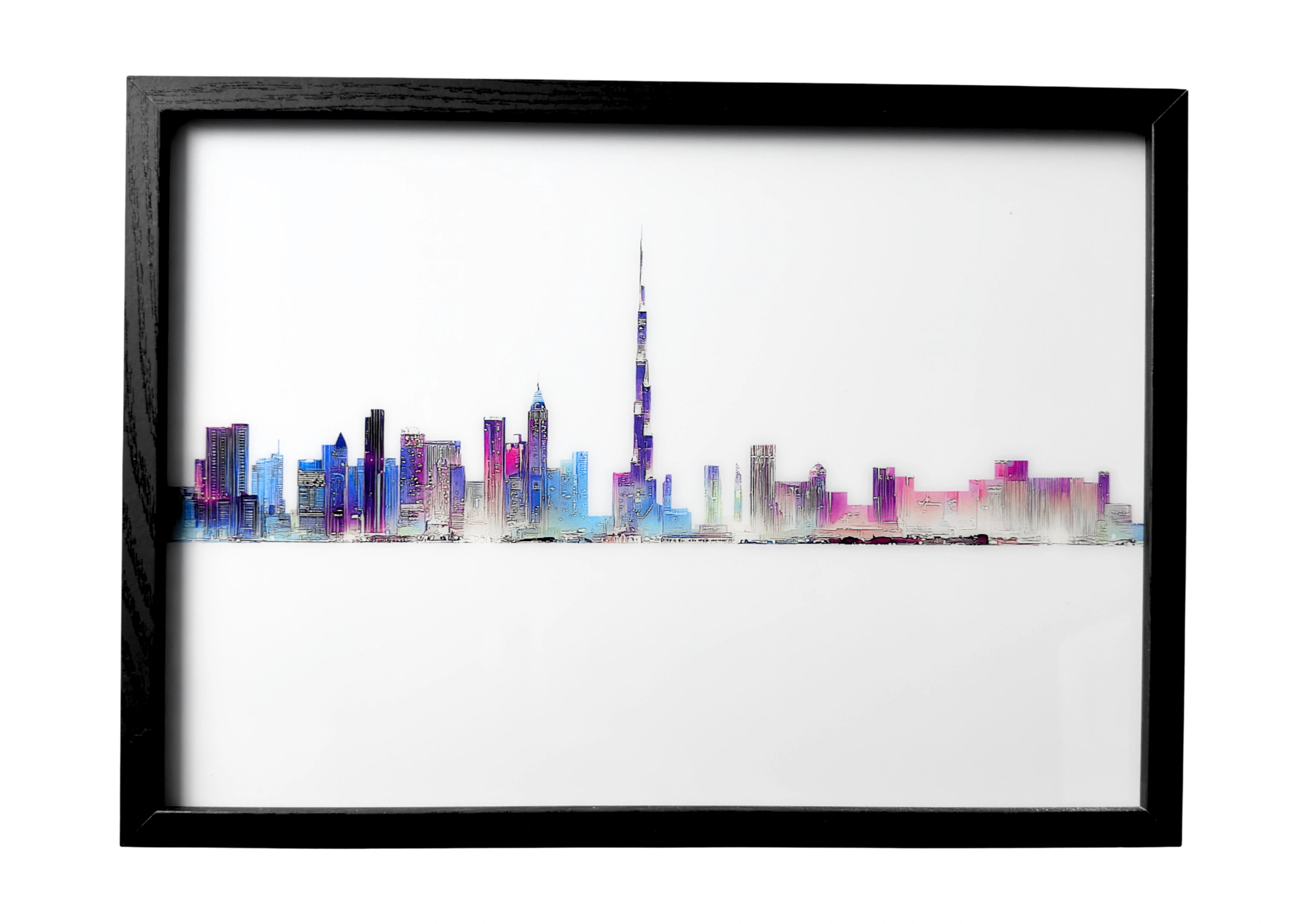 Dubai skyline wall art in calm silhouette, Burj Khalifa rising above the cityscape outlined gently against the desert evening sky with soft reflections in the water.