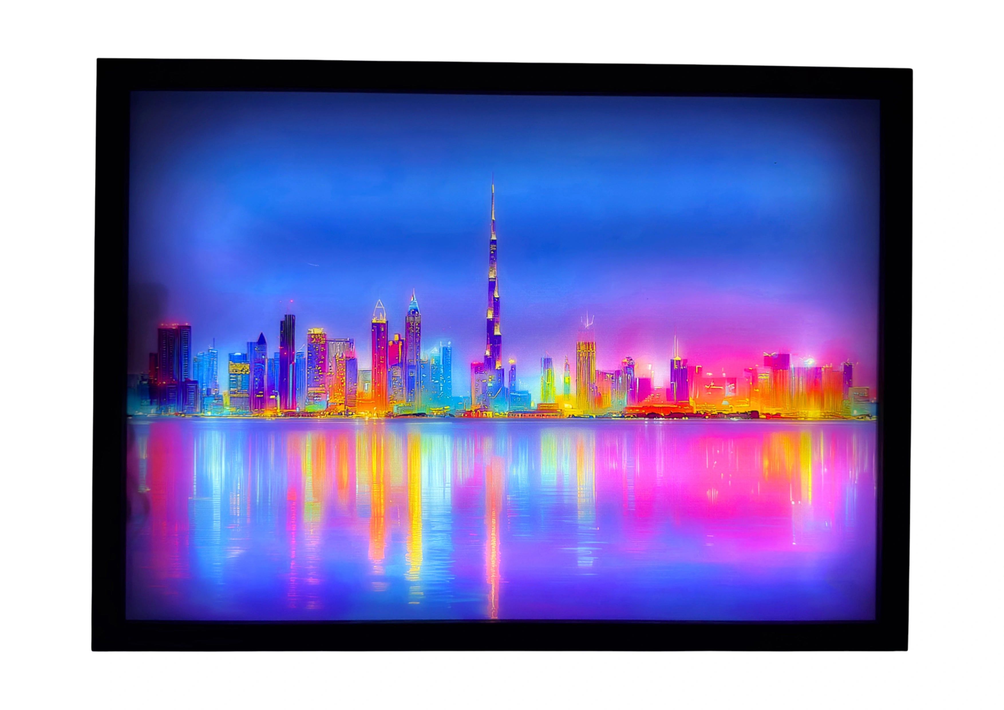 Dubai LED light up wall art at night, skyline glowing in vibrant gold and neon hues with the Burj Khalifa illuminated, reflections shimmering across the marina waters.