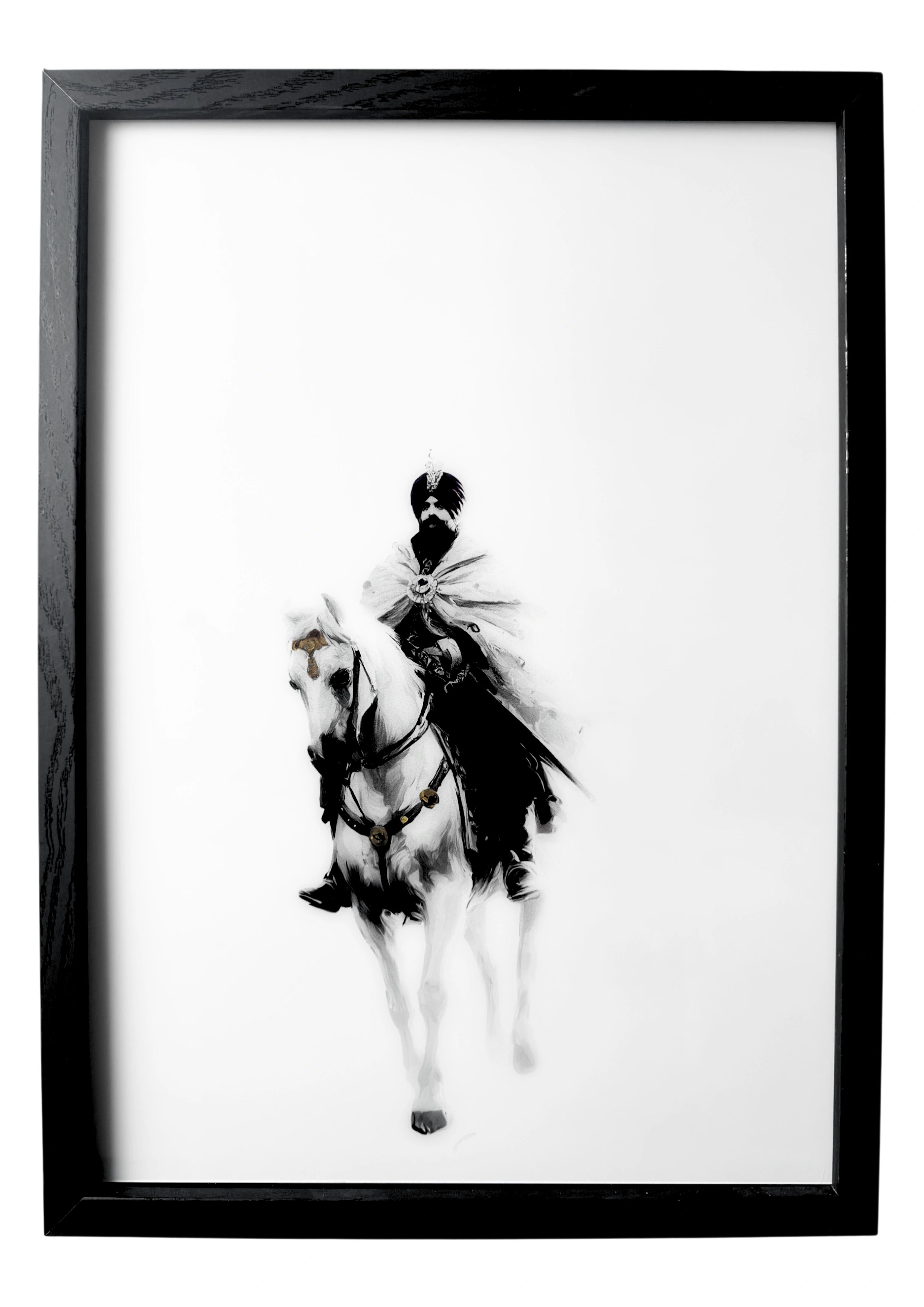 Sikh warrior on horseback wearing crimson and gold garments, holding a sword beneath a quiet sunset sky. A framed artwork symbolising valor and reflection.