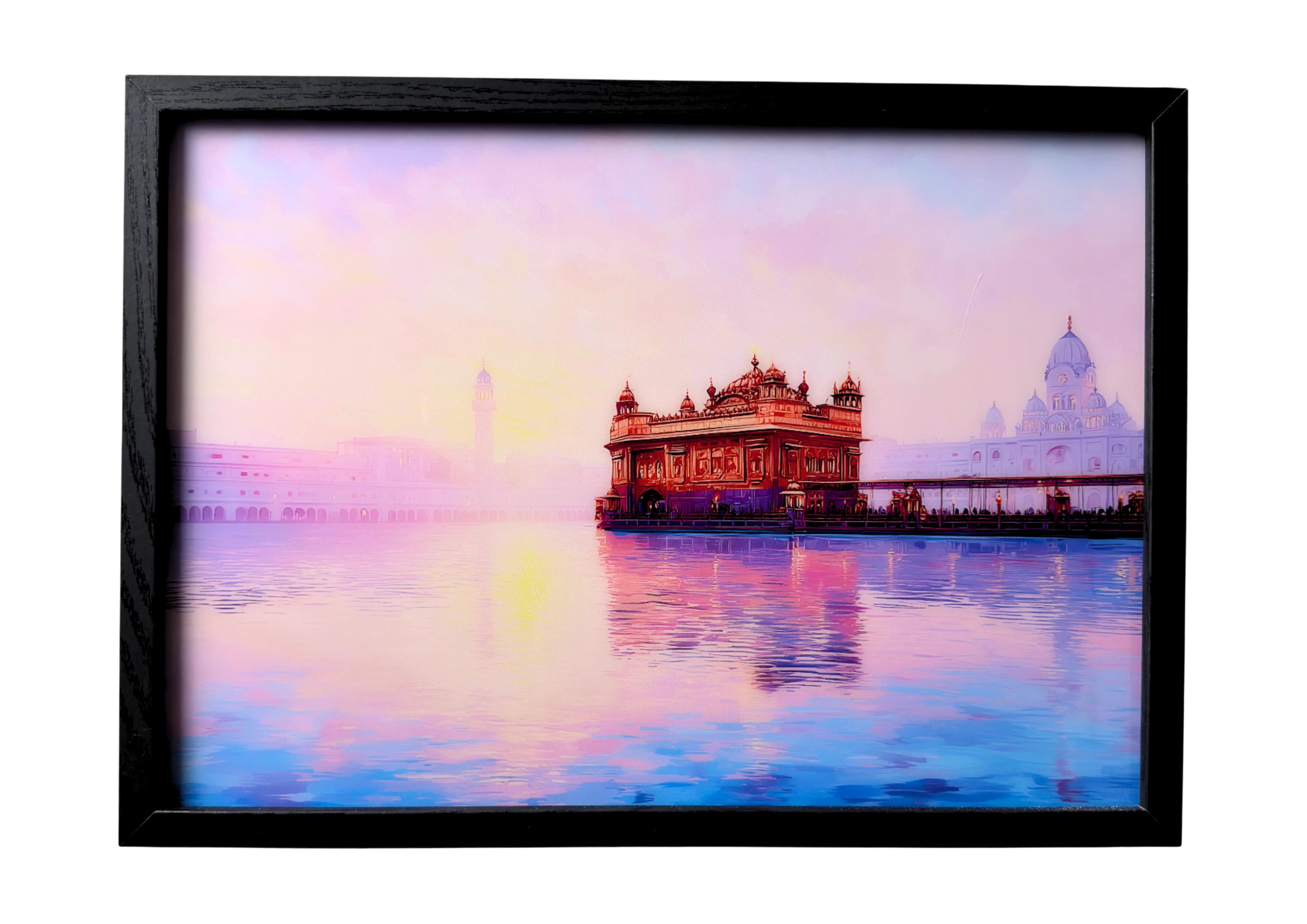 Golden Temple wall art in serene daylight beneath soft blue skies. A framed companion of devotion and peace.