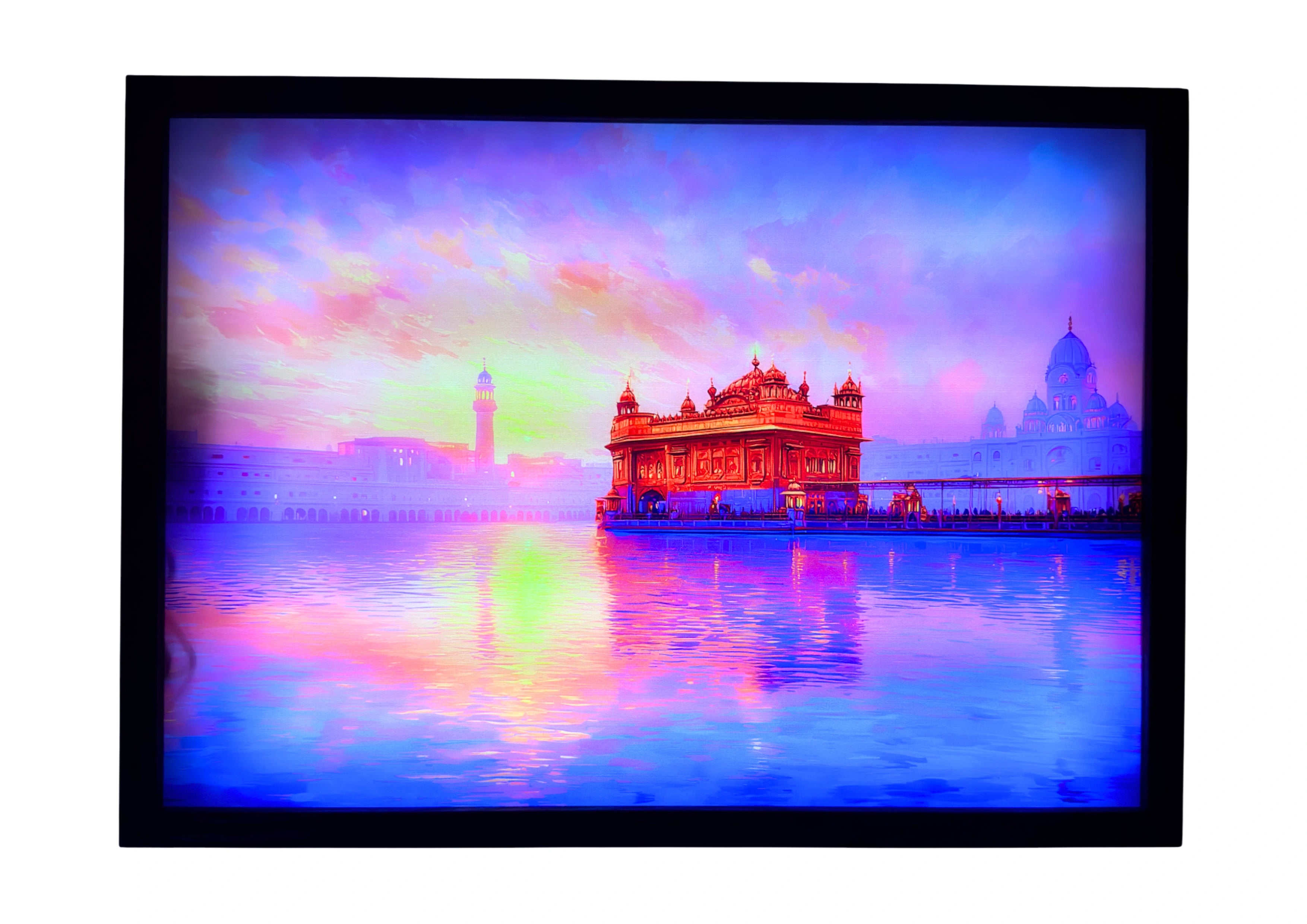 Golden Temple LED light up wall art glowing in violet, pink, and blue light over still water. A luminous framed symbol of Sikh faith and reflection.