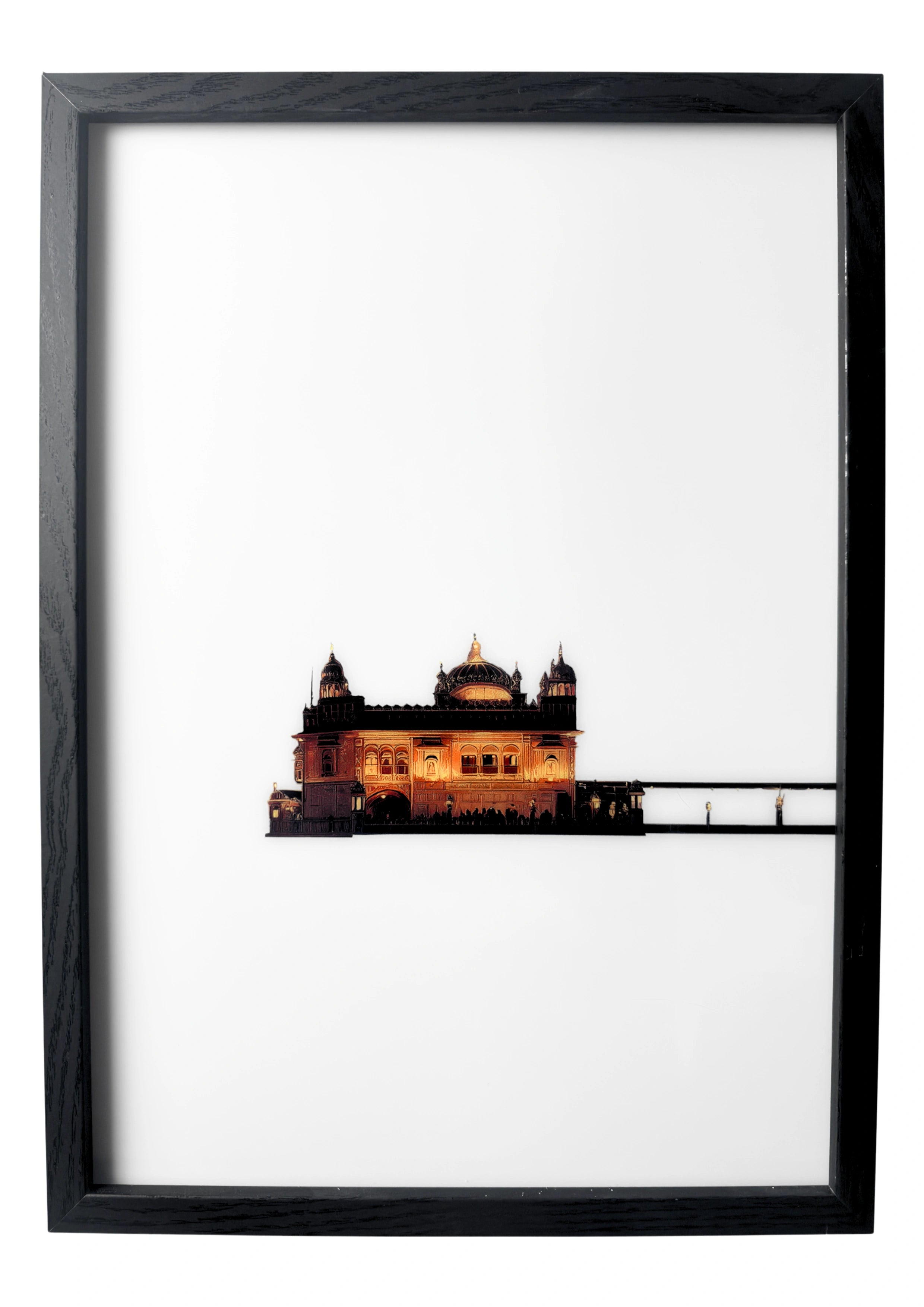 Golden Temple wall art in serene daylight, calm and still beneath open skies. A framed companion of devotion and peace.