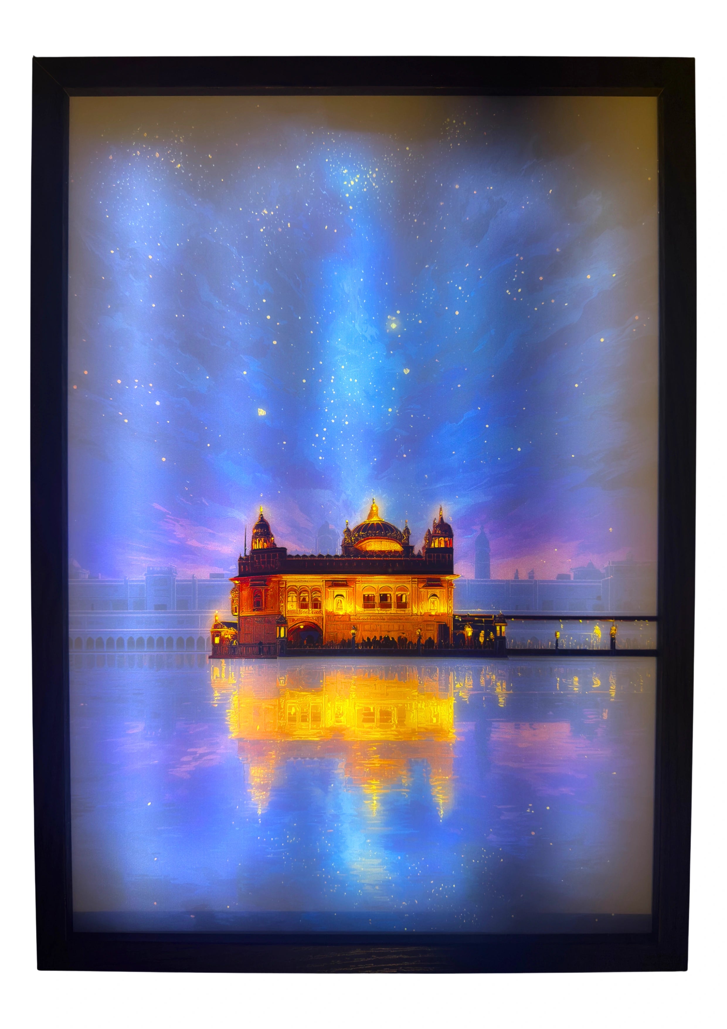 Golden Temple LED light up wall art glowing beneath a starlit sky, gold illumination spreading across the night. A luminous framed symbol of Sikh faith.