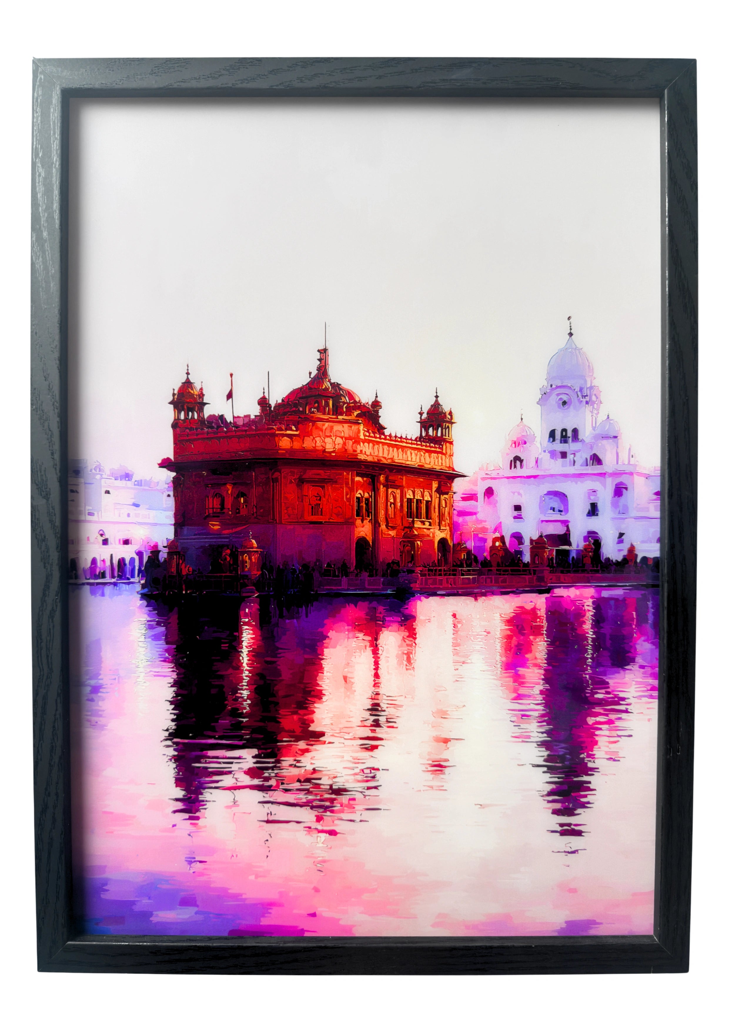 Golden Temple wall art in soft pink daylight with calm reflections. A framed companion of serenity and devotion.