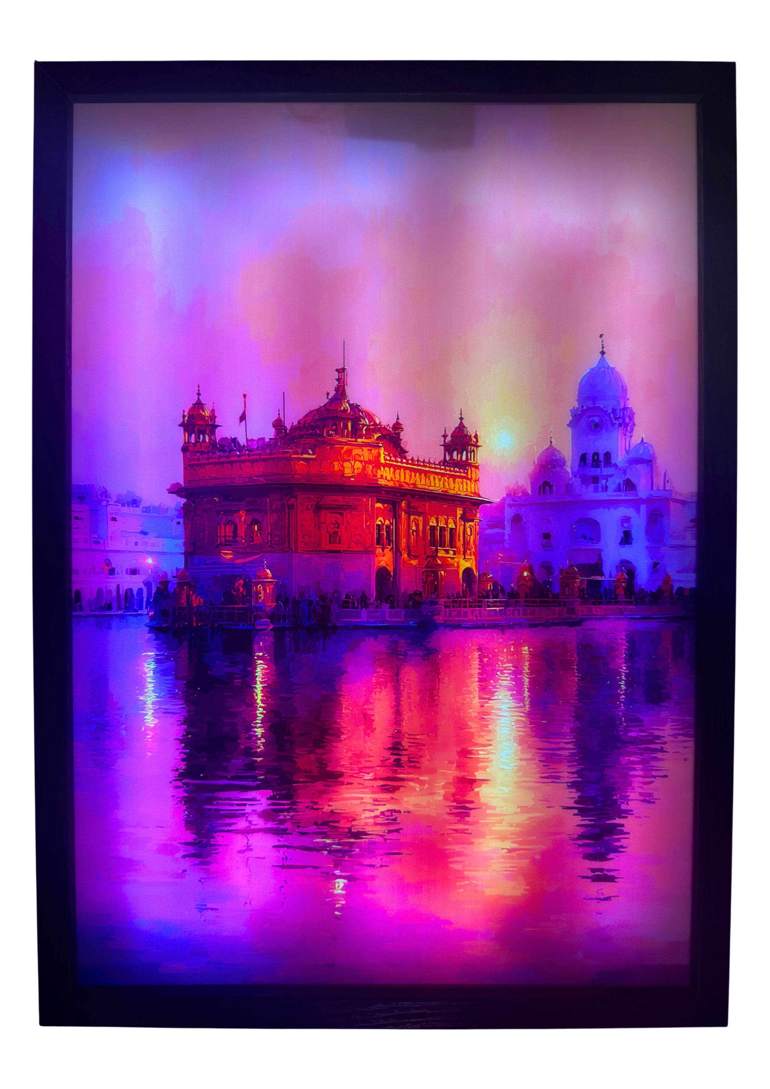 Golden Temple LED light up wall art glowing in rose and gold tones, mirrored across water. A sacred framed companion for Sikh home décor.