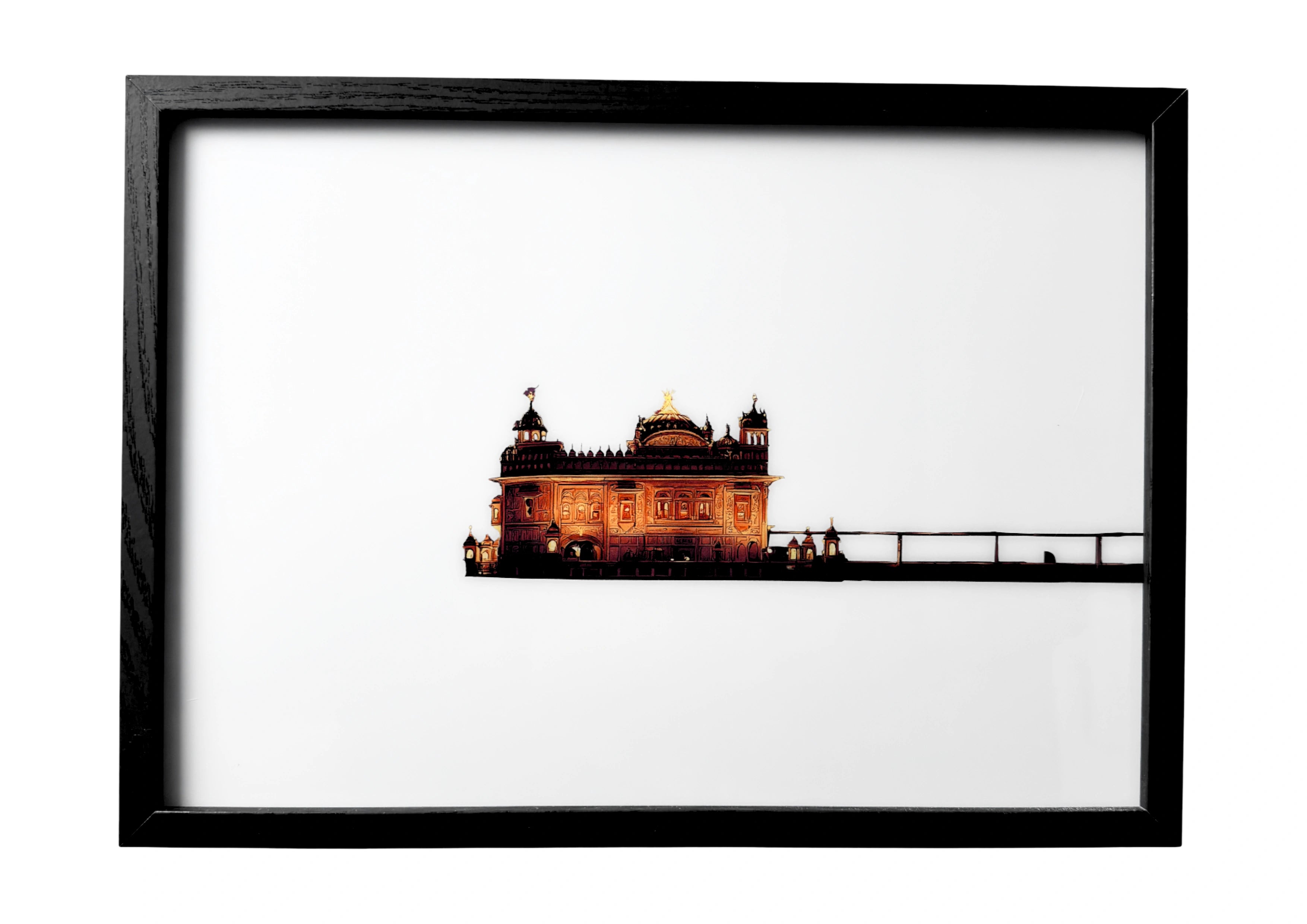 Golden Temple wall art in serene daylight, reflection on calm water. A framed companion of quiet devotion.