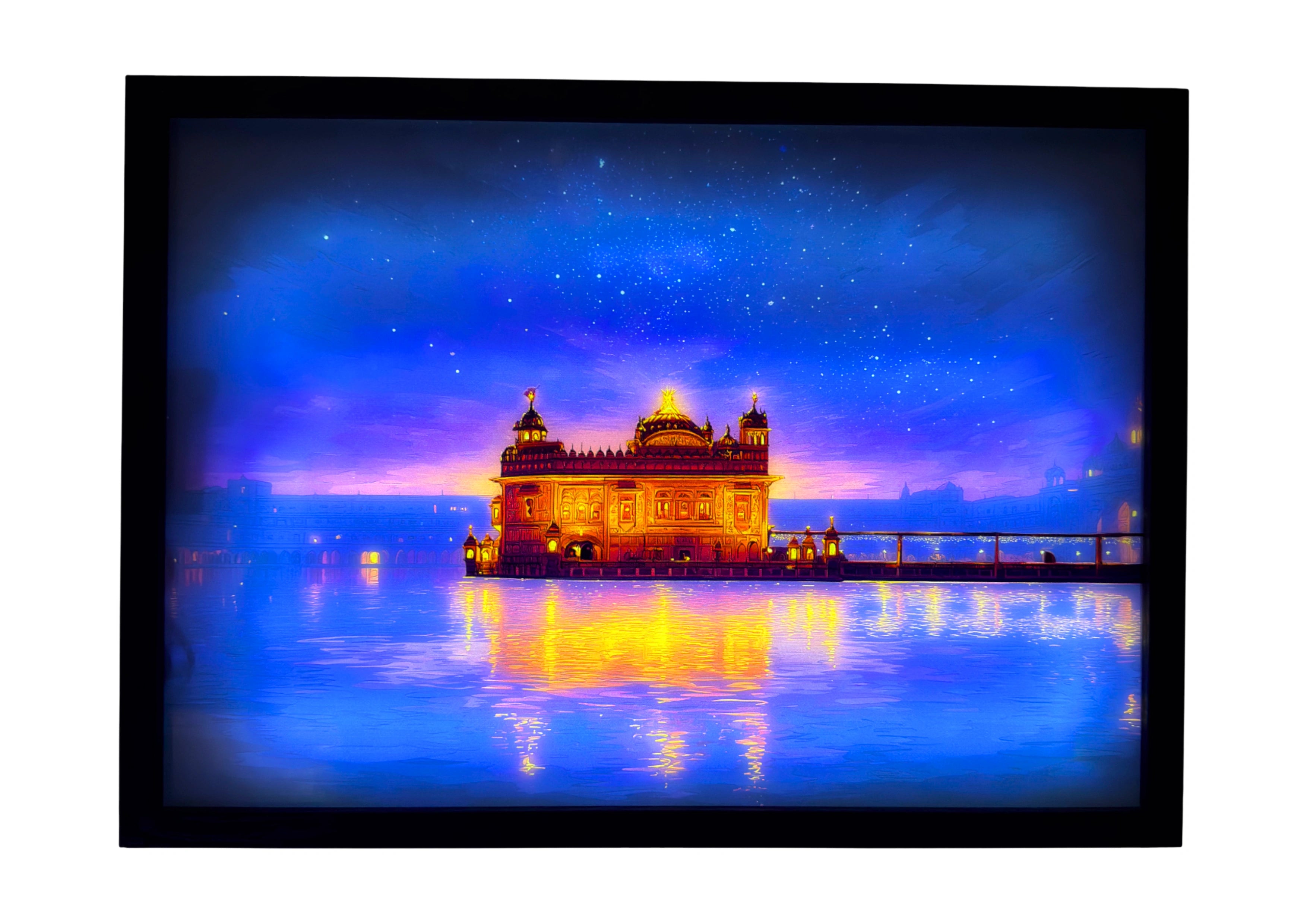 Golden Temple LED light up wall art glowing at midnight, gold and blue reflections beneath starry skies. A sacred framed companion for divine serenity.