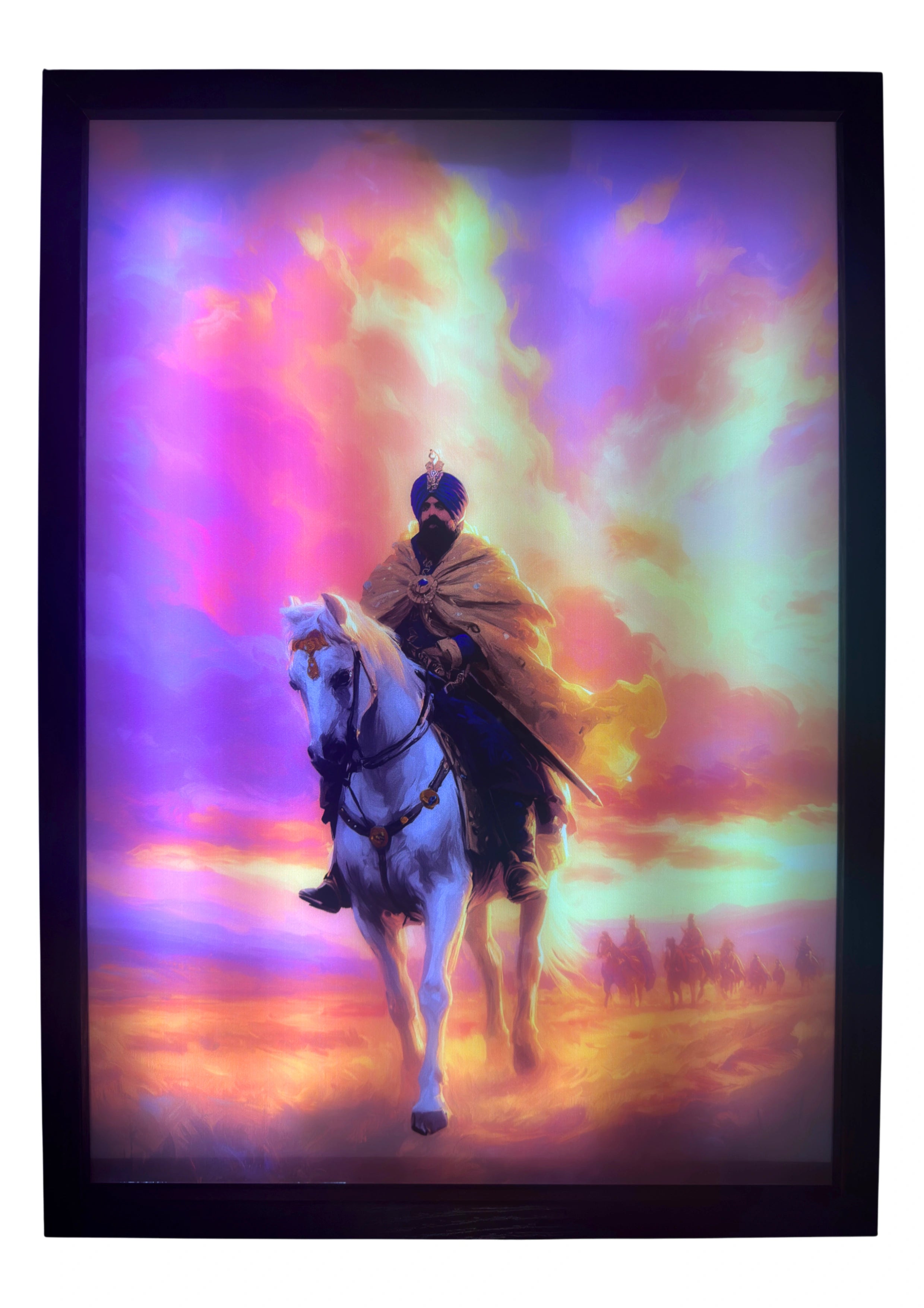Sikh warrior glowing beneath crimson and amaranth skies, sword shimmering in light. LED wall art radiating Sikh strength, faith, and devotion.