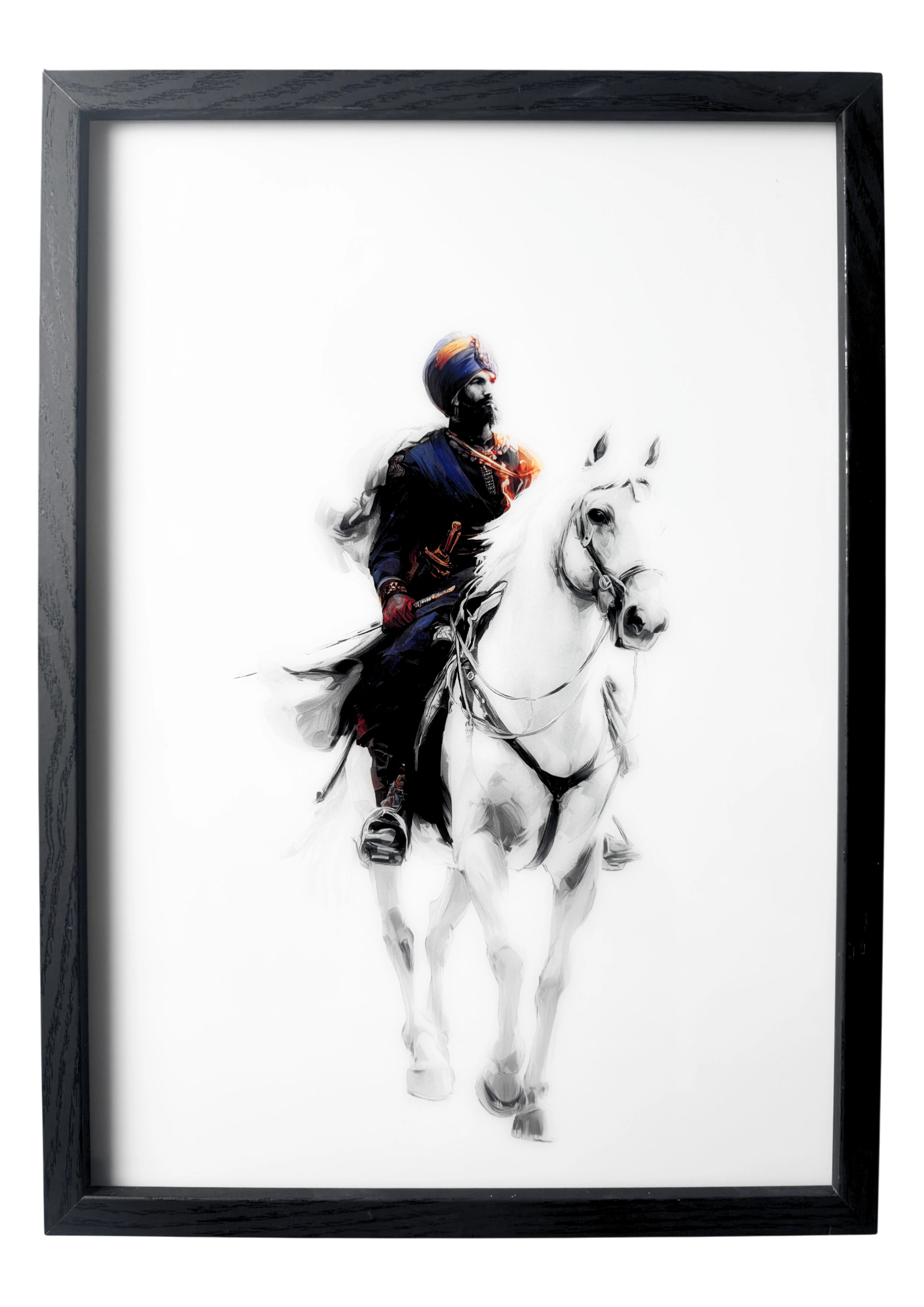 Sikh warrior on horseback with blue pug and sword beneath soft daylight. A framed symbol of devotion and strength.