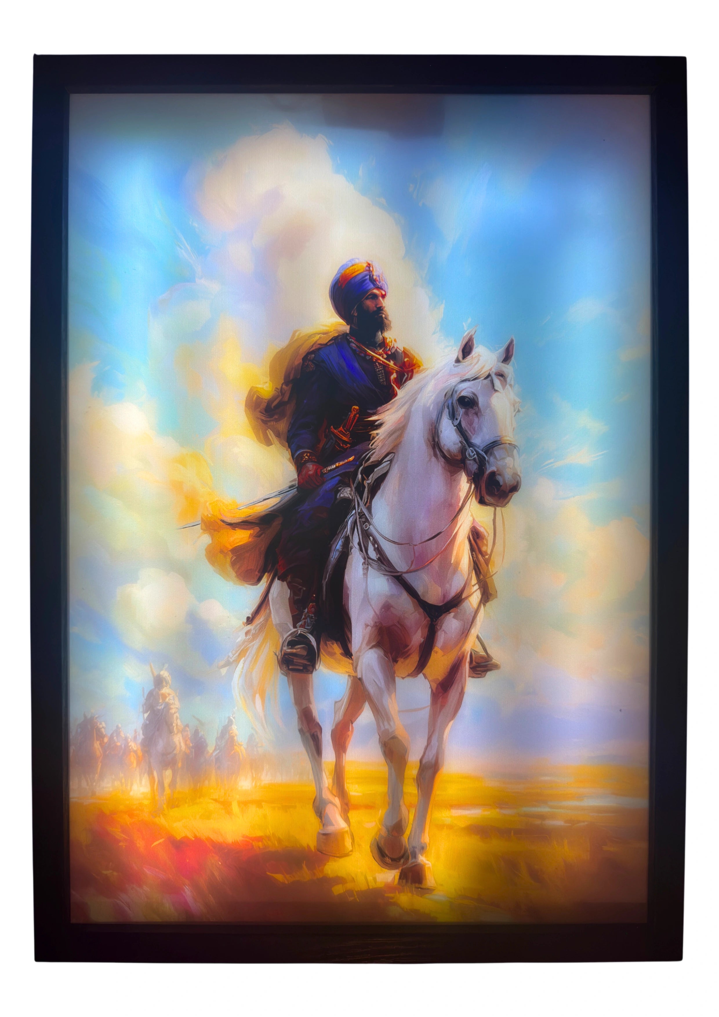 Sikh warrior illuminated as the sky bursts into blue and gold light. LED wall art reflecting Sikh faith and valor.