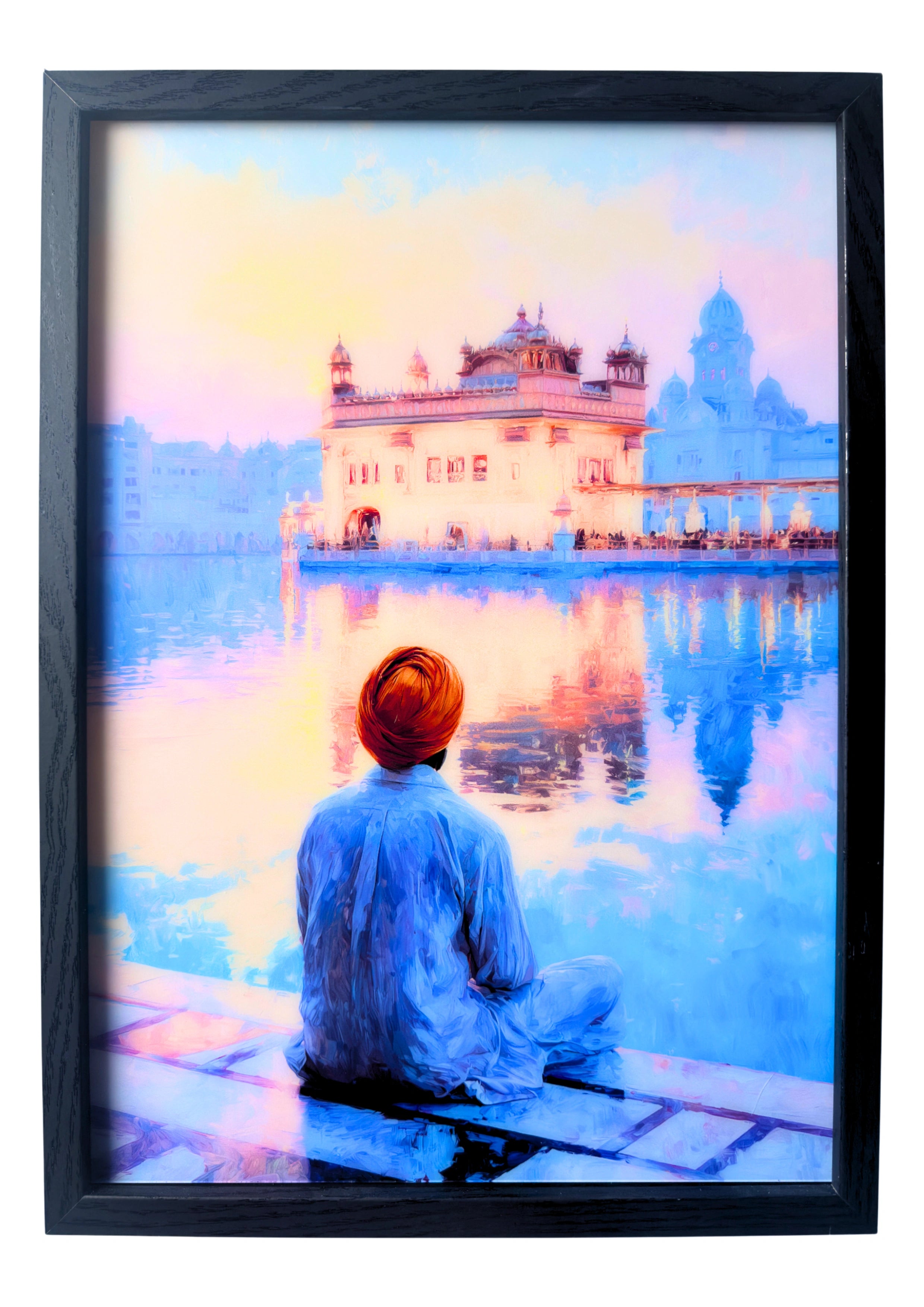 Sikh man sitting beside the Golden Temple in soft daylight. A framed artwork of calm reflection and faith.