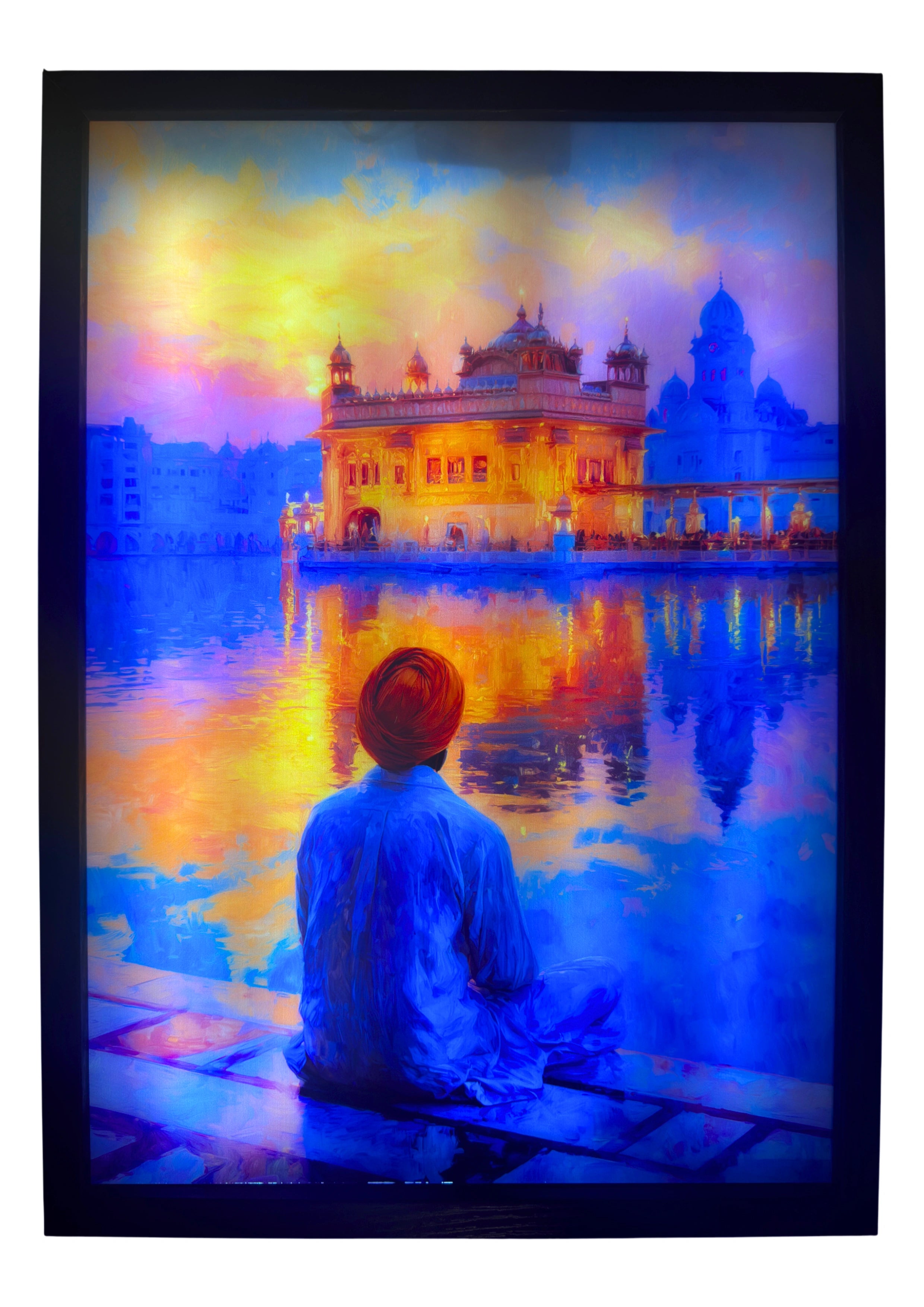Sikh man illuminated before the glowing Golden Temple at dawn. LED wall art capturing morning serenity and devotion.