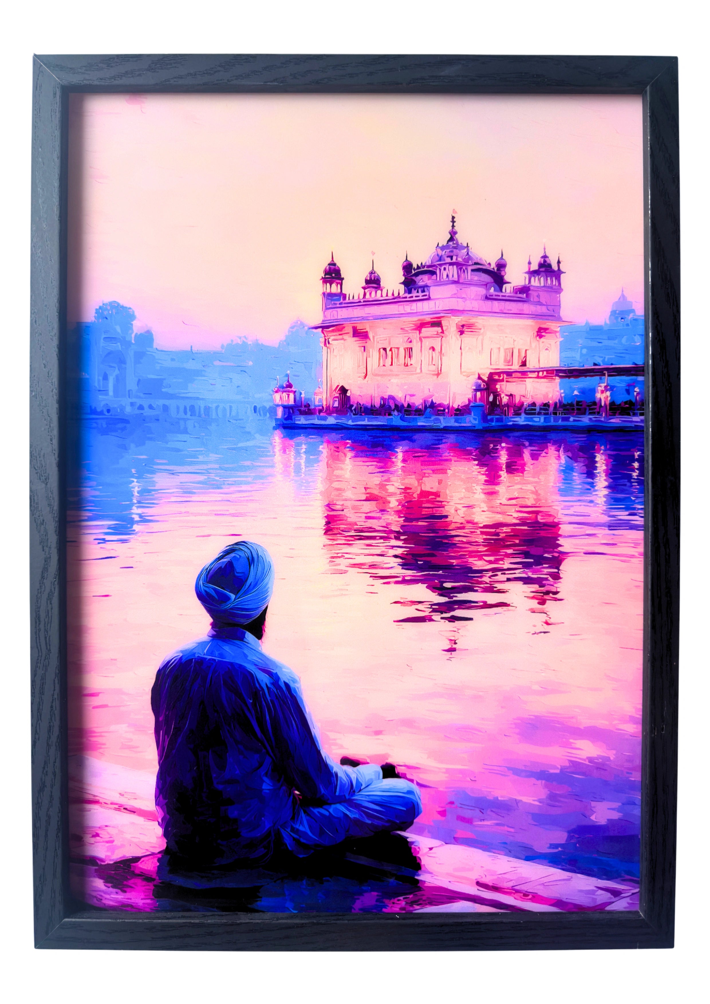 Sikh man sitting before the Golden Temple at dusk. A framed piece symbolising reflection, grace, and evening devotion.