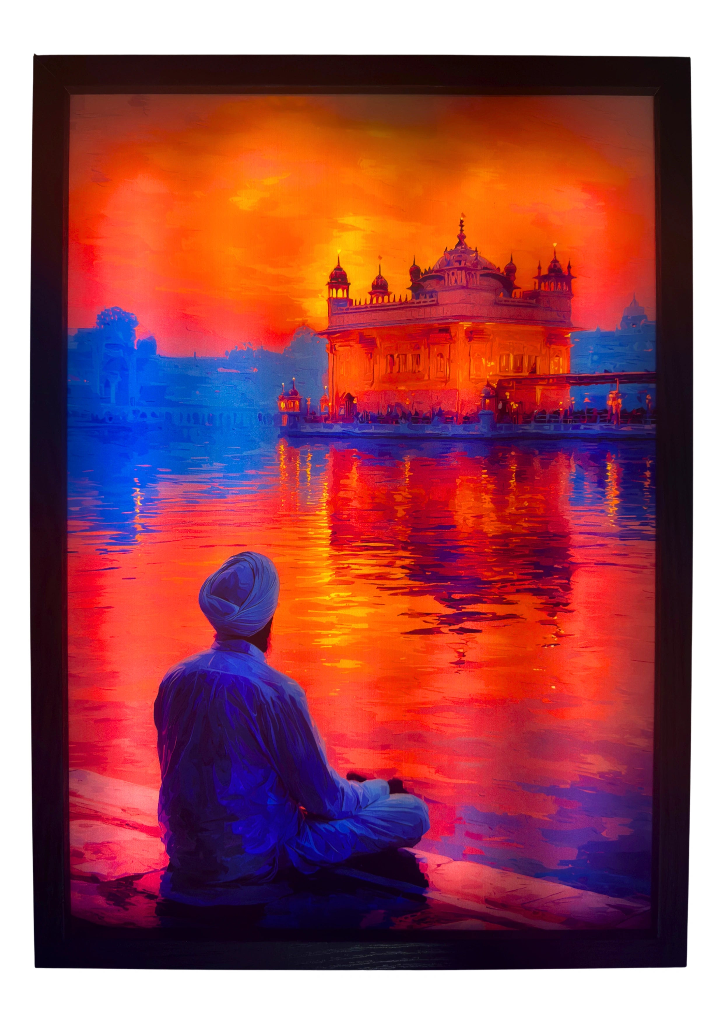 Sikh man illuminated before the glowing Golden Temple under a sunset sky. LED wall art radiating warmth and peace for Sikhism believers.