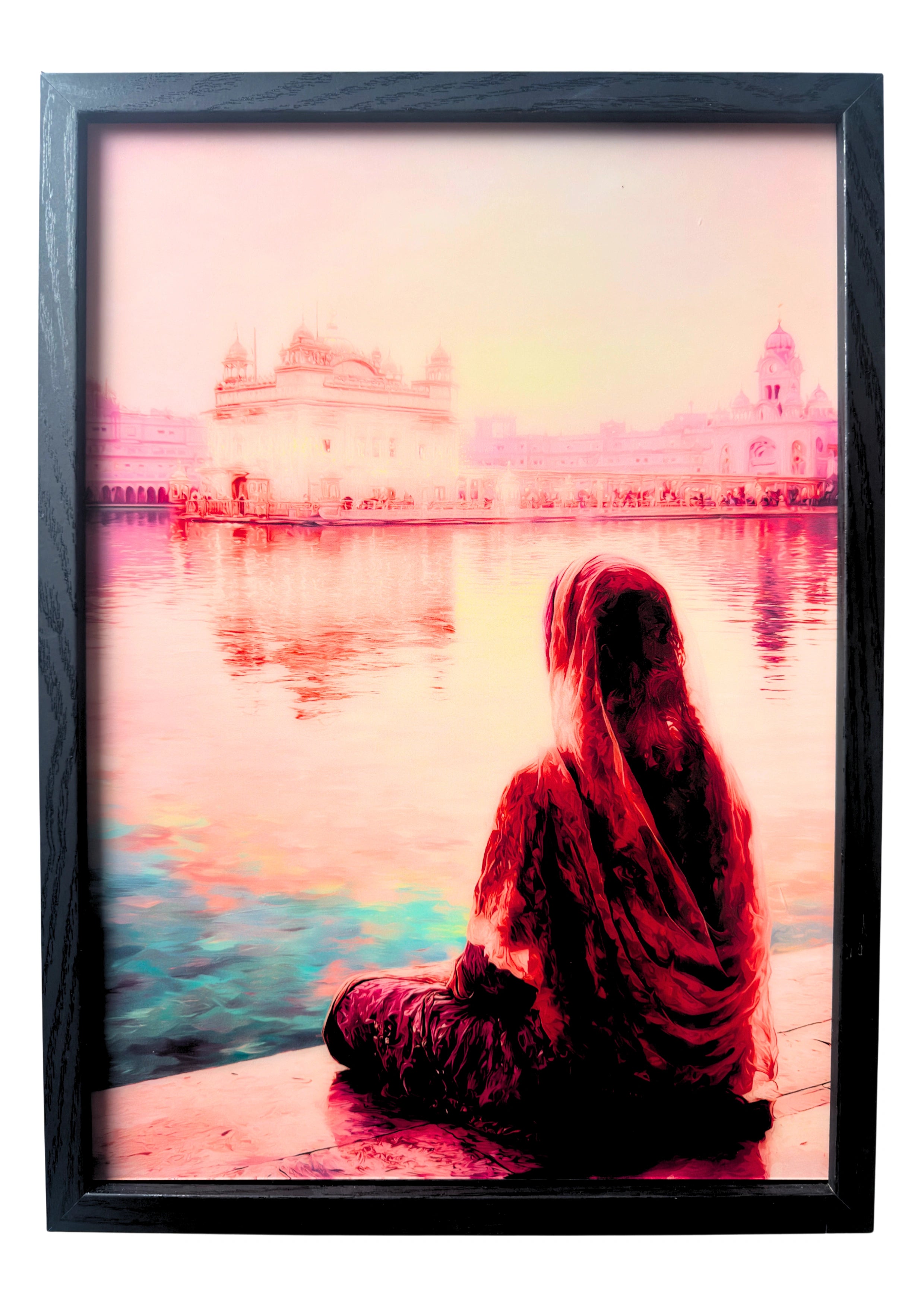 Sikh woman sitting before the Golden Temple at dusk. A framed piece symbolising reflection, grace, and evening devotion.