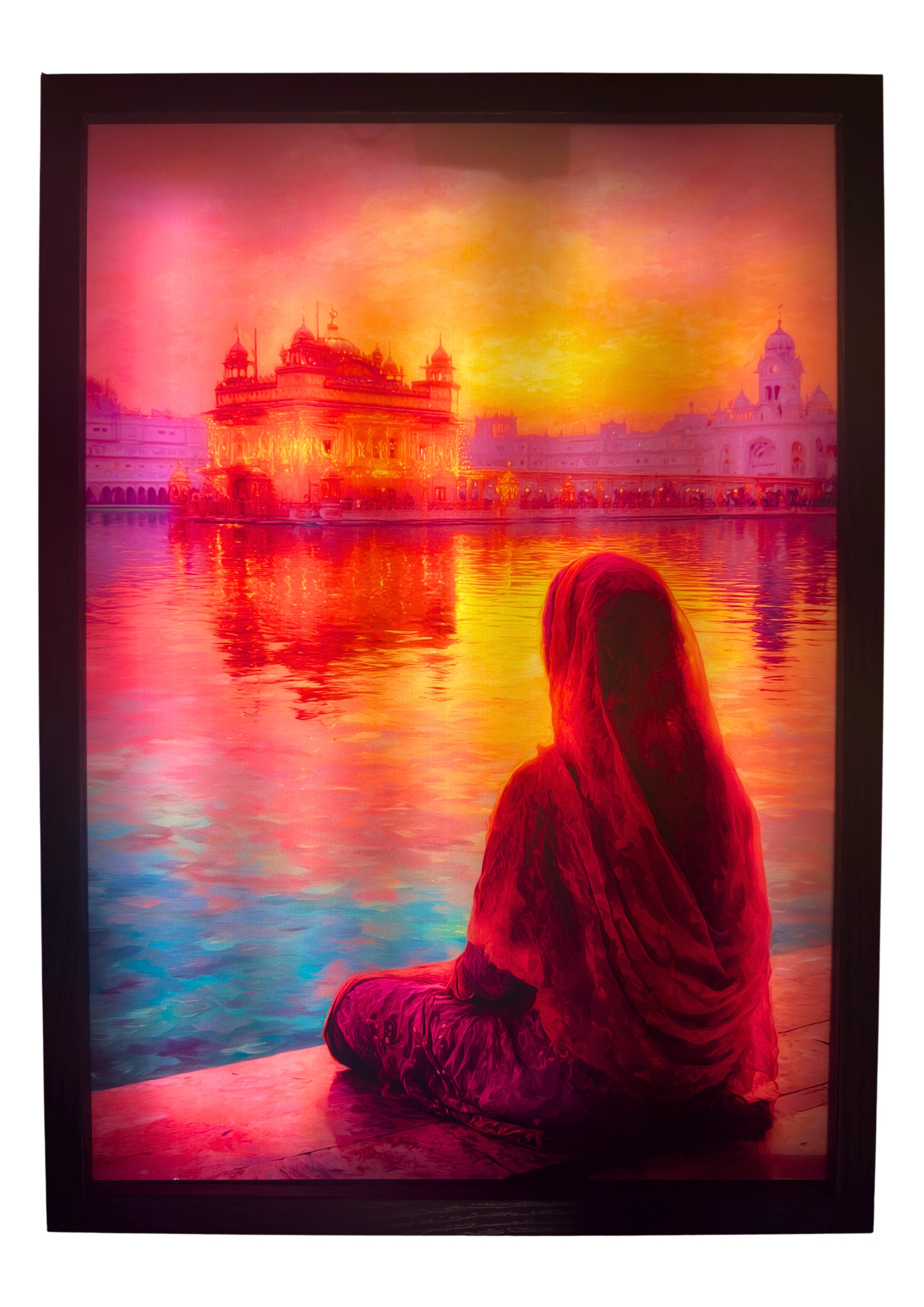 Sikh woman illuminated before the glowing Golden Temple under a sunset sky. LED wall art radiating warmth and peace for Sikhism believers.