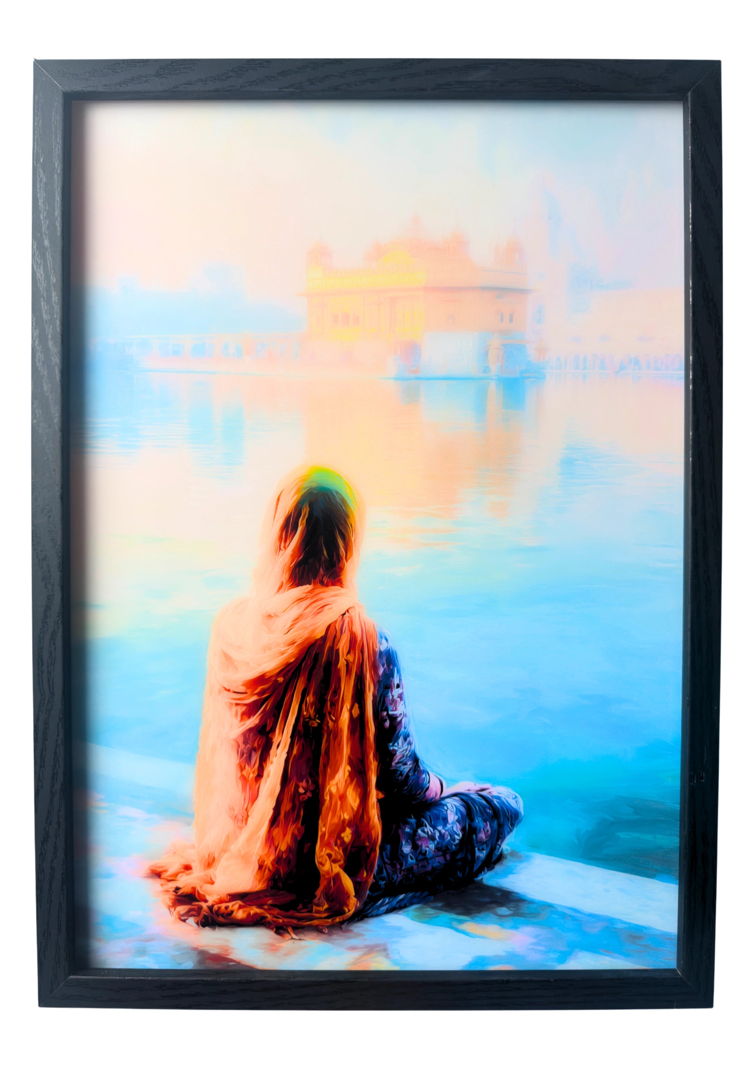 Sikh woman sitting beside the Golden Temple in soft daylight. A framed artwork of calm reflection and faith.