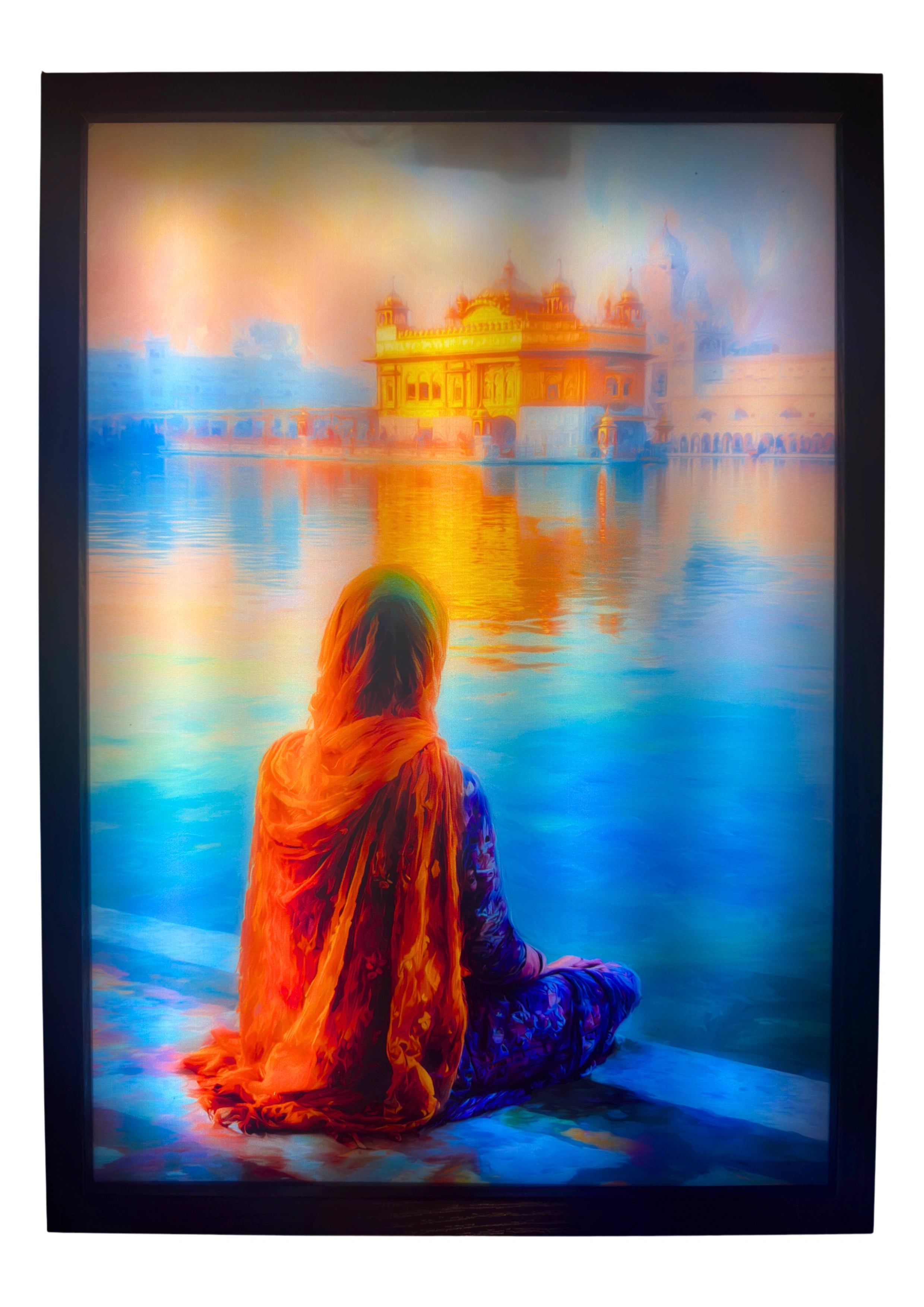 Sikh woman illuminated before the glowing Golden Temple at dawn. LED wall art capturing morning serenity and devotion.