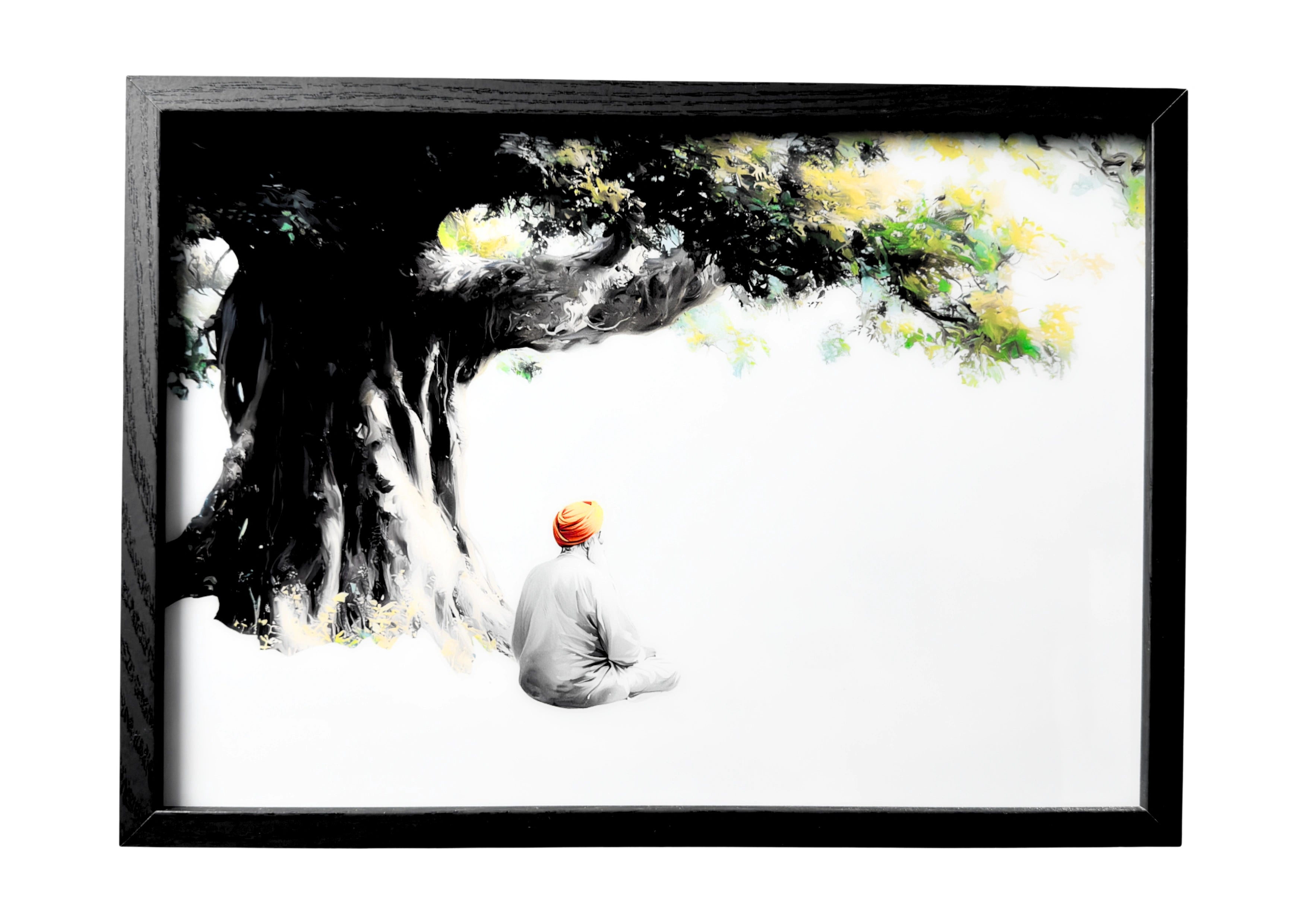 Guru Nanak wall art beneath a large ancient tree, seated in still reflection. A framed artwork of peace, wisdom, and quiet devotion.