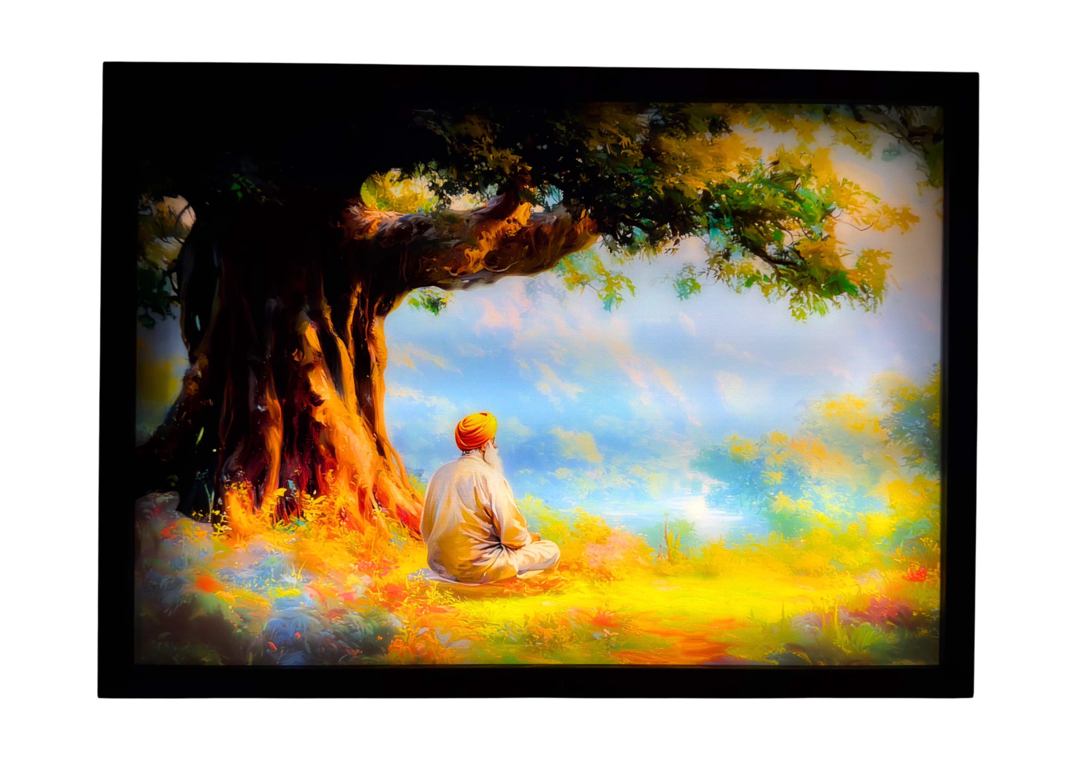 Guru Nanak LED light up wall art glowing over a golden landscape and distant temple. A luminous framed tribute to Sikh enlightenment and serenity.