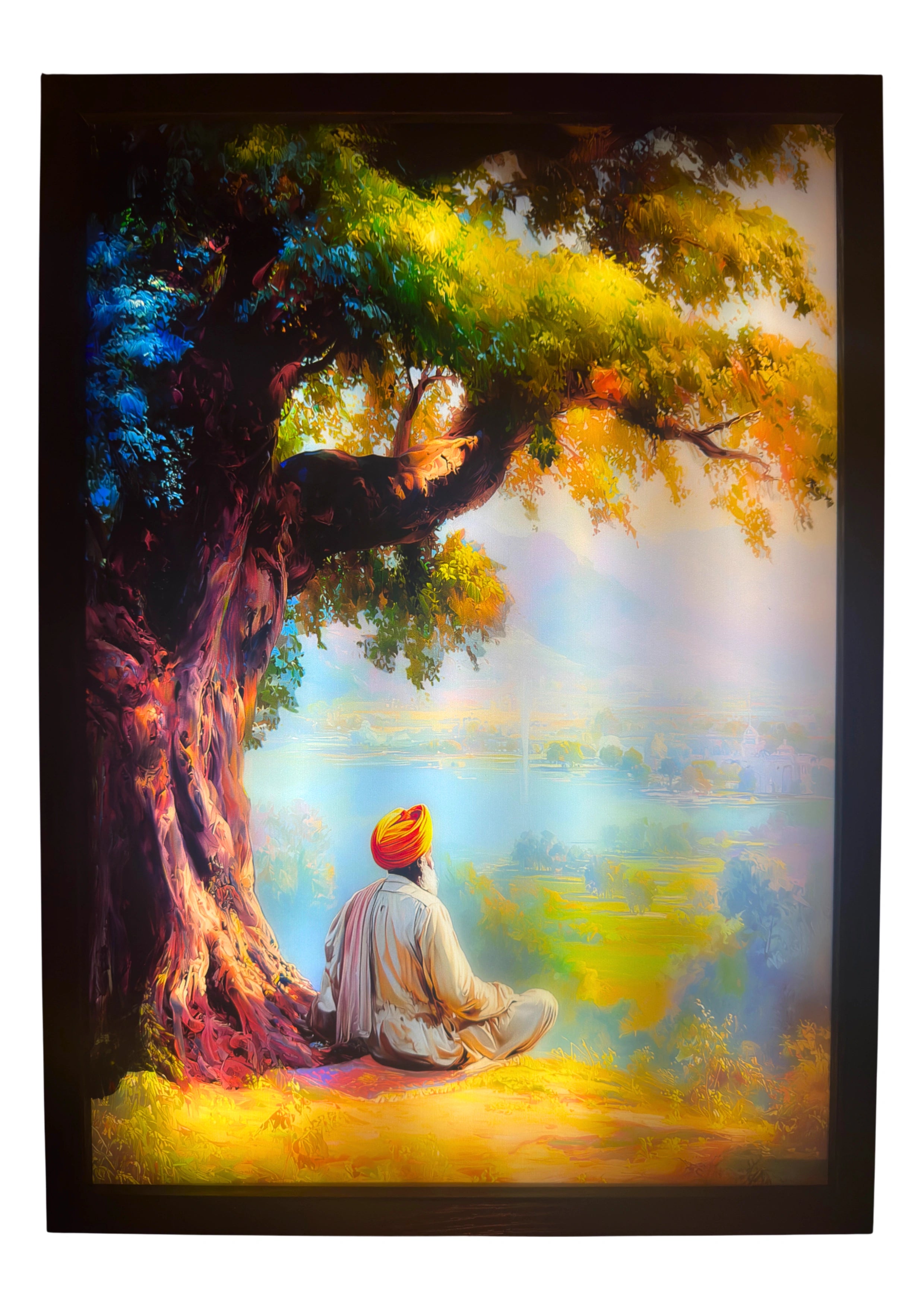 Guru Nanak LED light up wall art glowing over a golden landscape and distant temple. A luminous framed tribute to Sikh enlightenment and serenity.