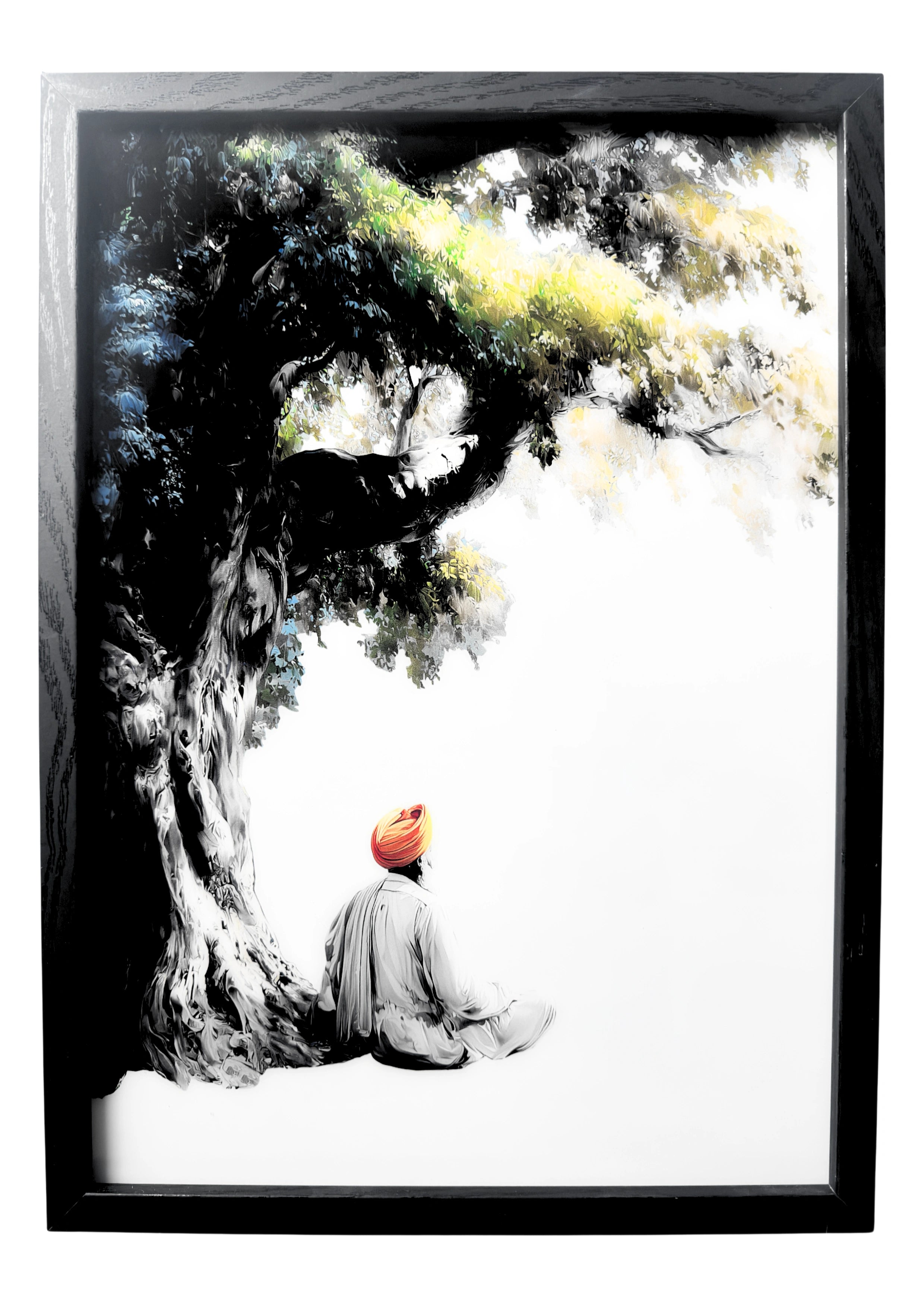 Guru Nanak wall art beneath a large ancient tree, seated in still reflection. A framed artwork of peace, wisdom, and quiet devotion.