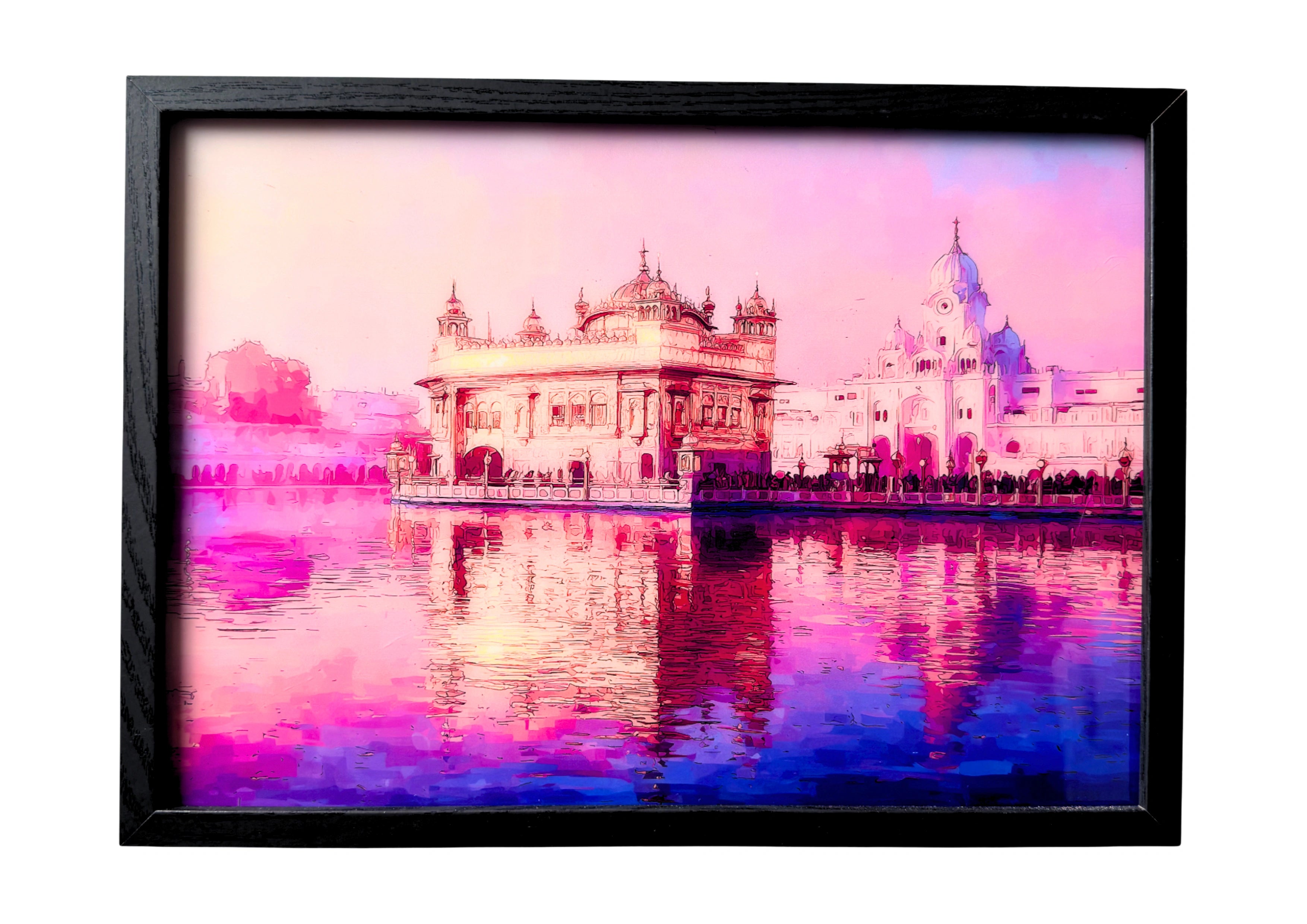 Golden Temple wall art with faint reflection beneath daylight. A framed companion of peace and devotion.