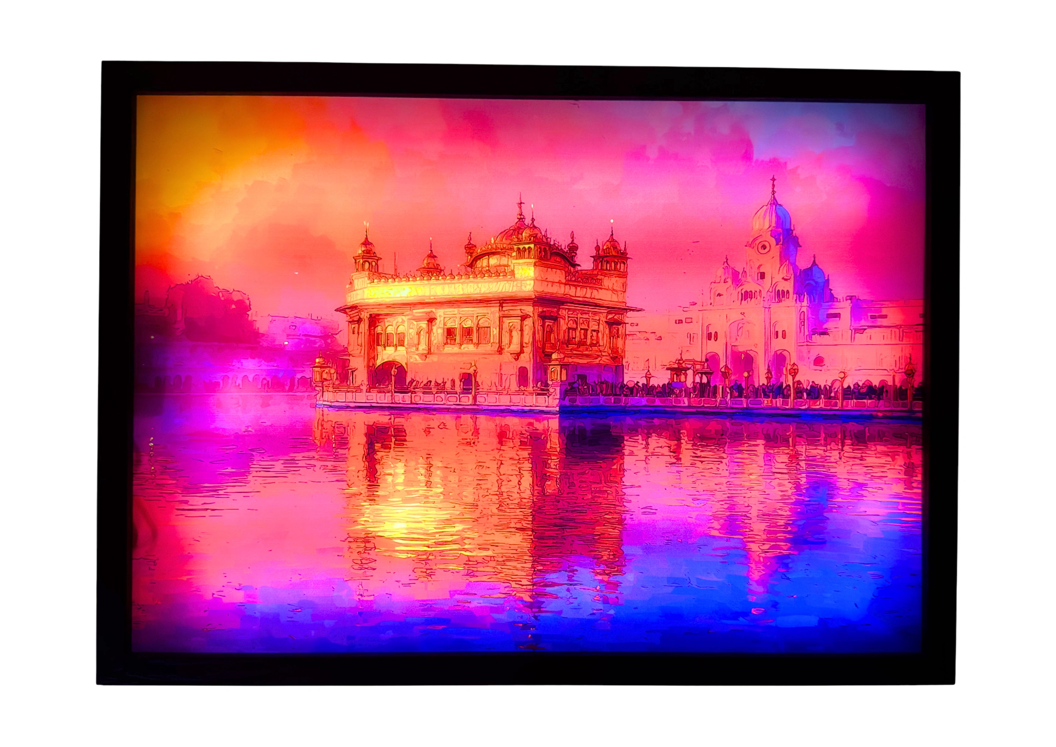 Golden Temple LED light up wall art glowing in rose and gold tones across reflective water. A luminous framed artwork for Sikh-inspired interiors.